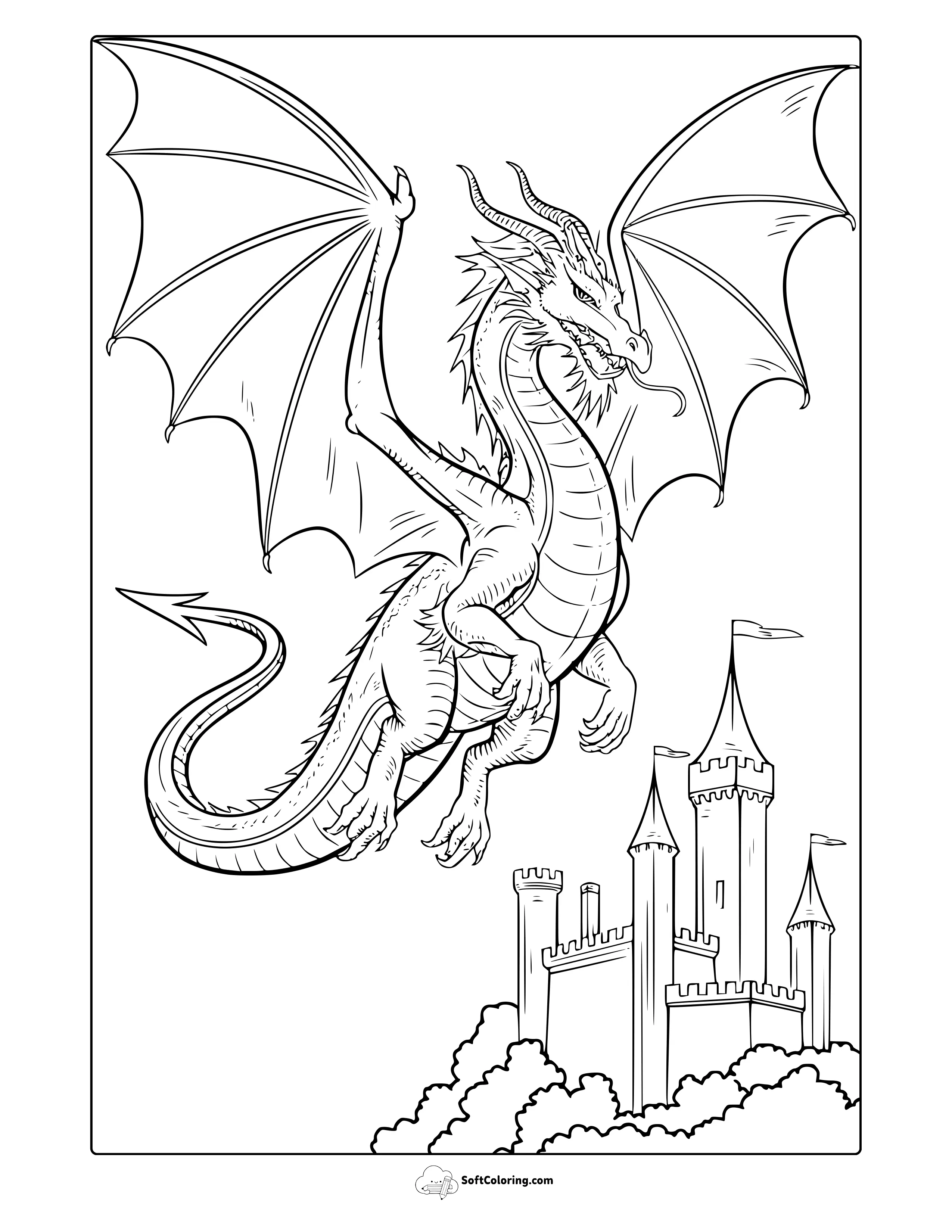 Flying Dragon Over A Castle Coloring Page