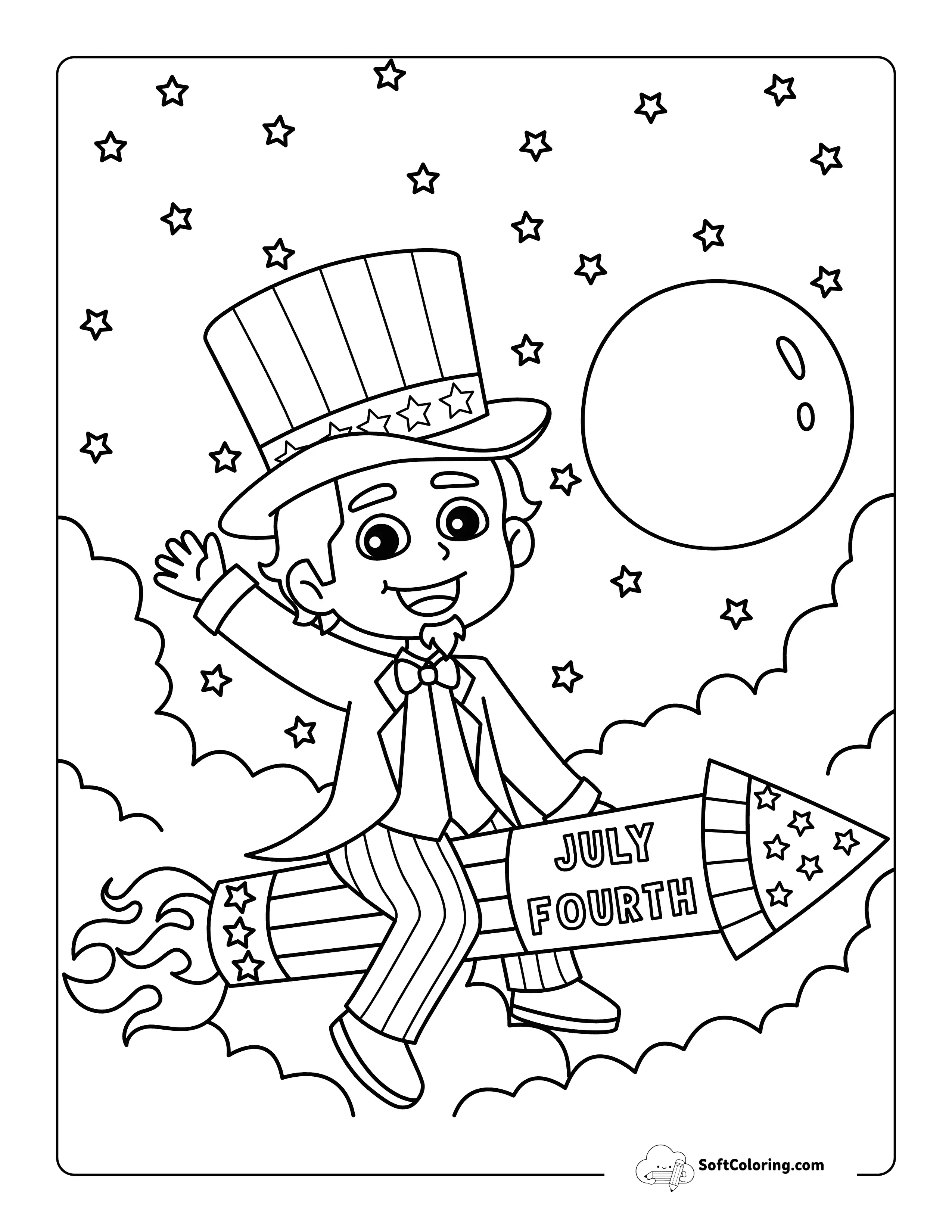Easy Uncle Sam On Rocket Independence Day Coloring Page