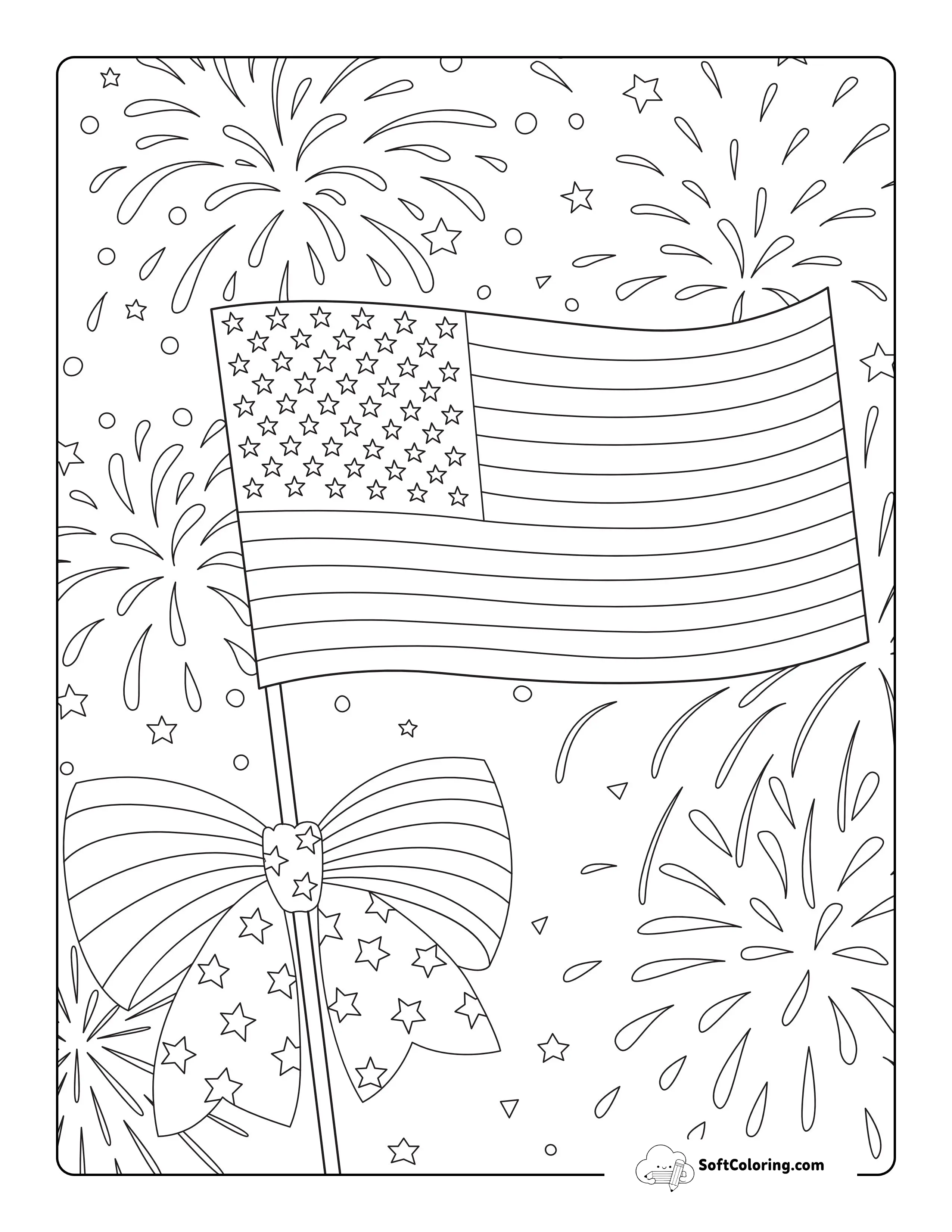 American Flag And Fireworks 4Th Of July Coloring Sheet