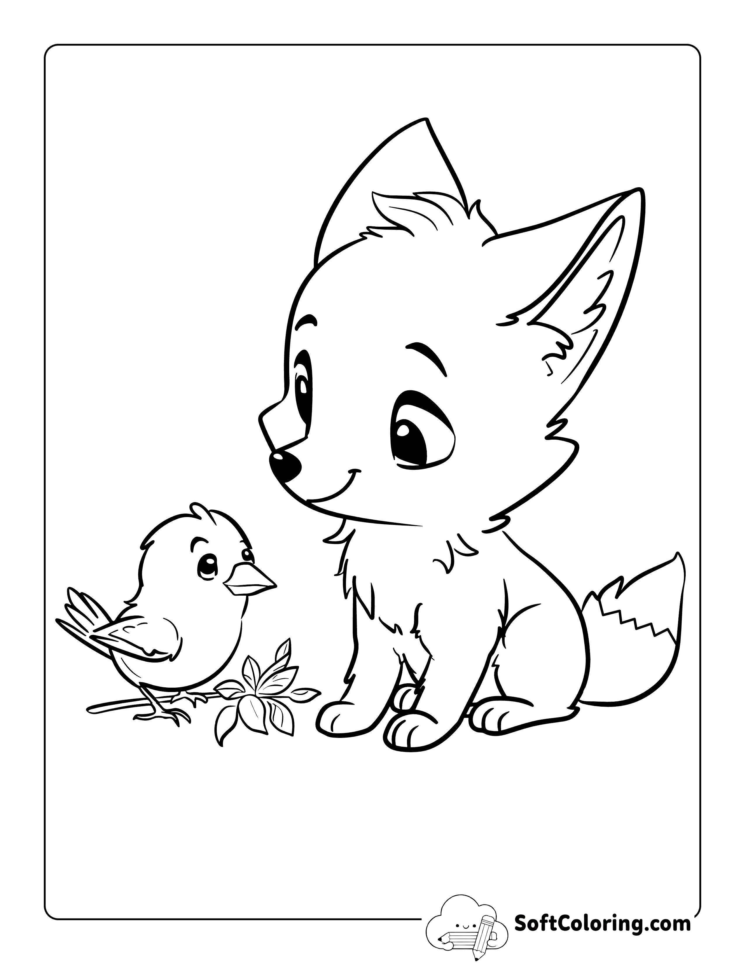 Bird and Fox Cute Coloring Page for Kids