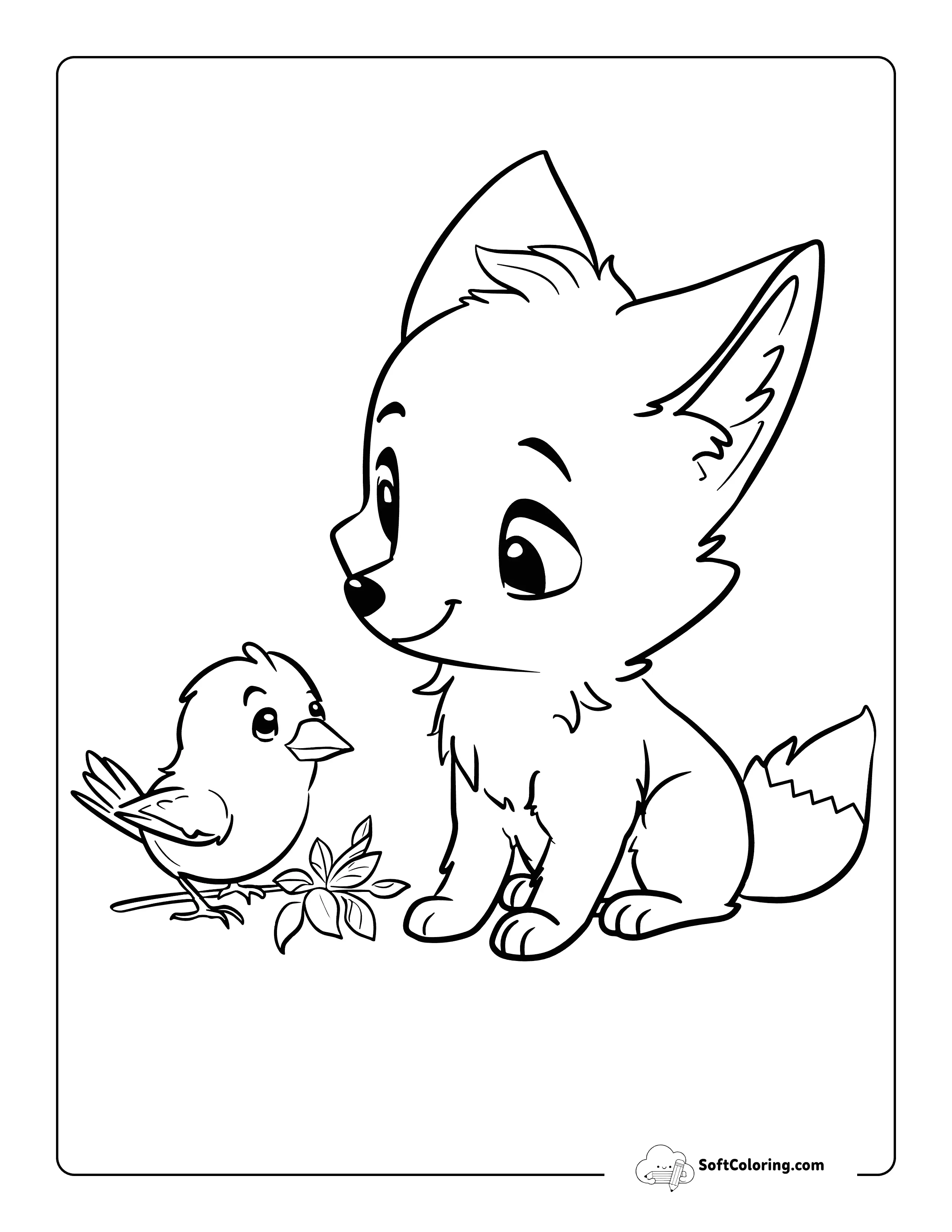 Bird And Fox Cute Coloring Page For Kids