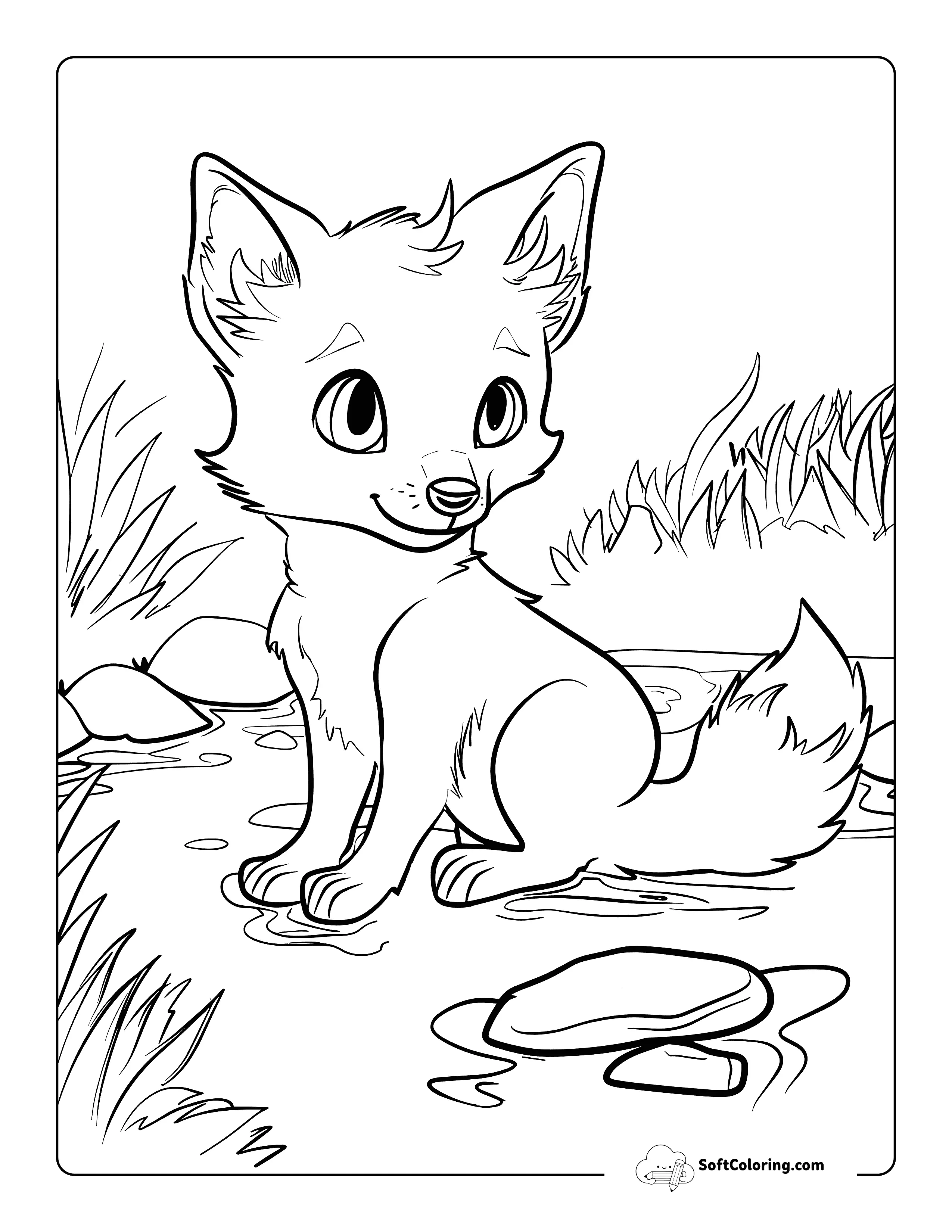 Cute Fox With Landscape Coloring Sheet