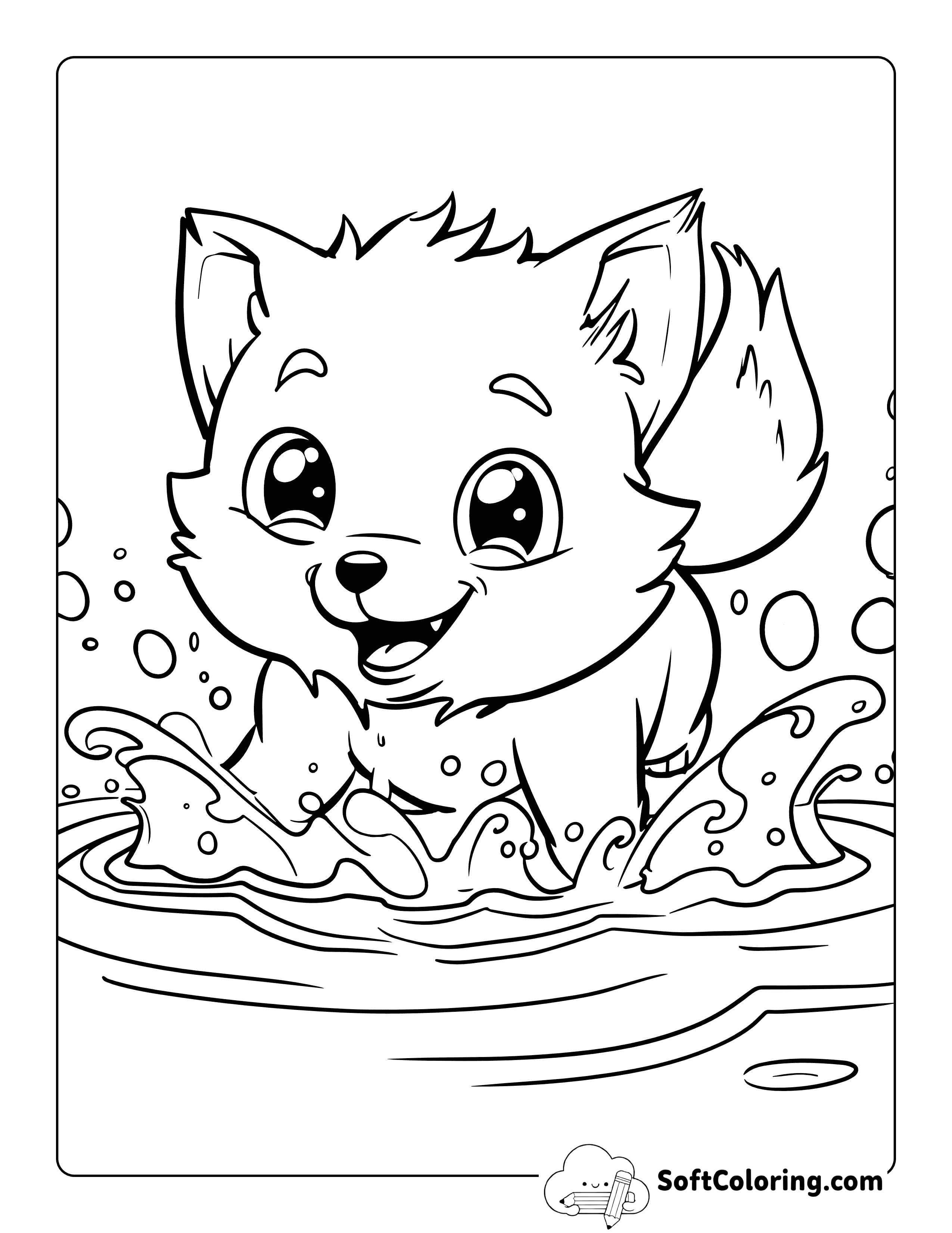 Jumping Into Water Cute Fox Coloring Page Printable