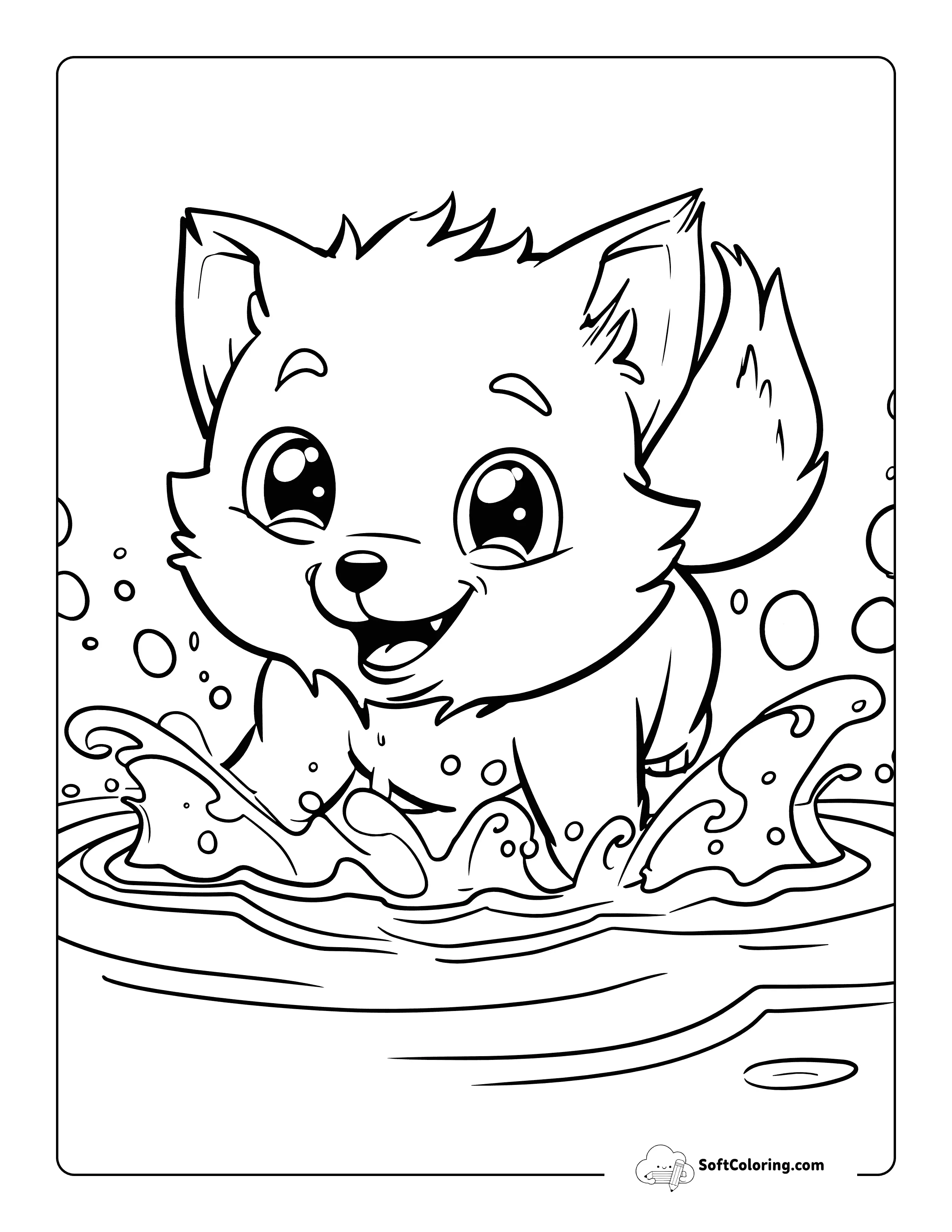 Jumping Into Water Cute Fox Coloring Page Printable