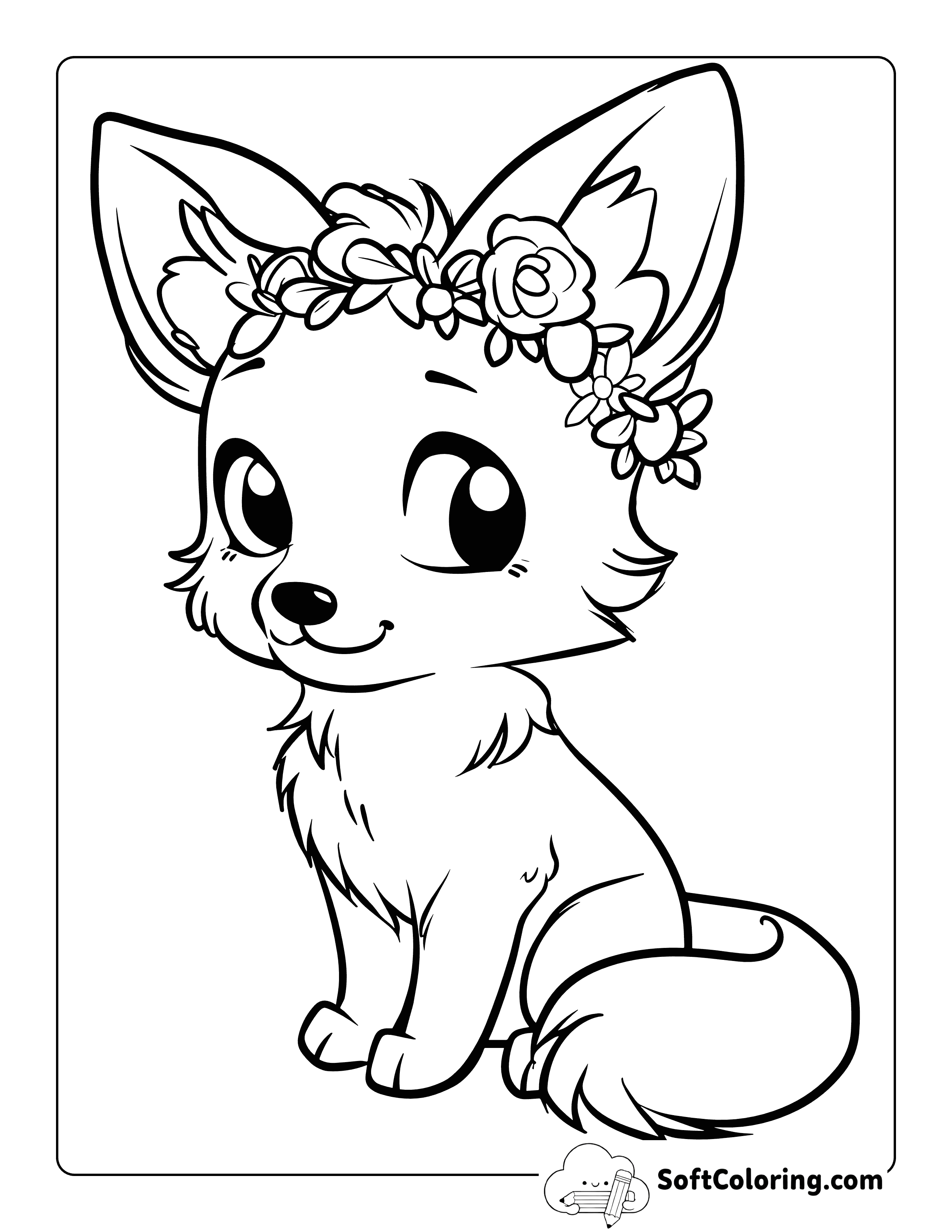 Cute Fox with Flower Wreath Coloring Sheet for Kids