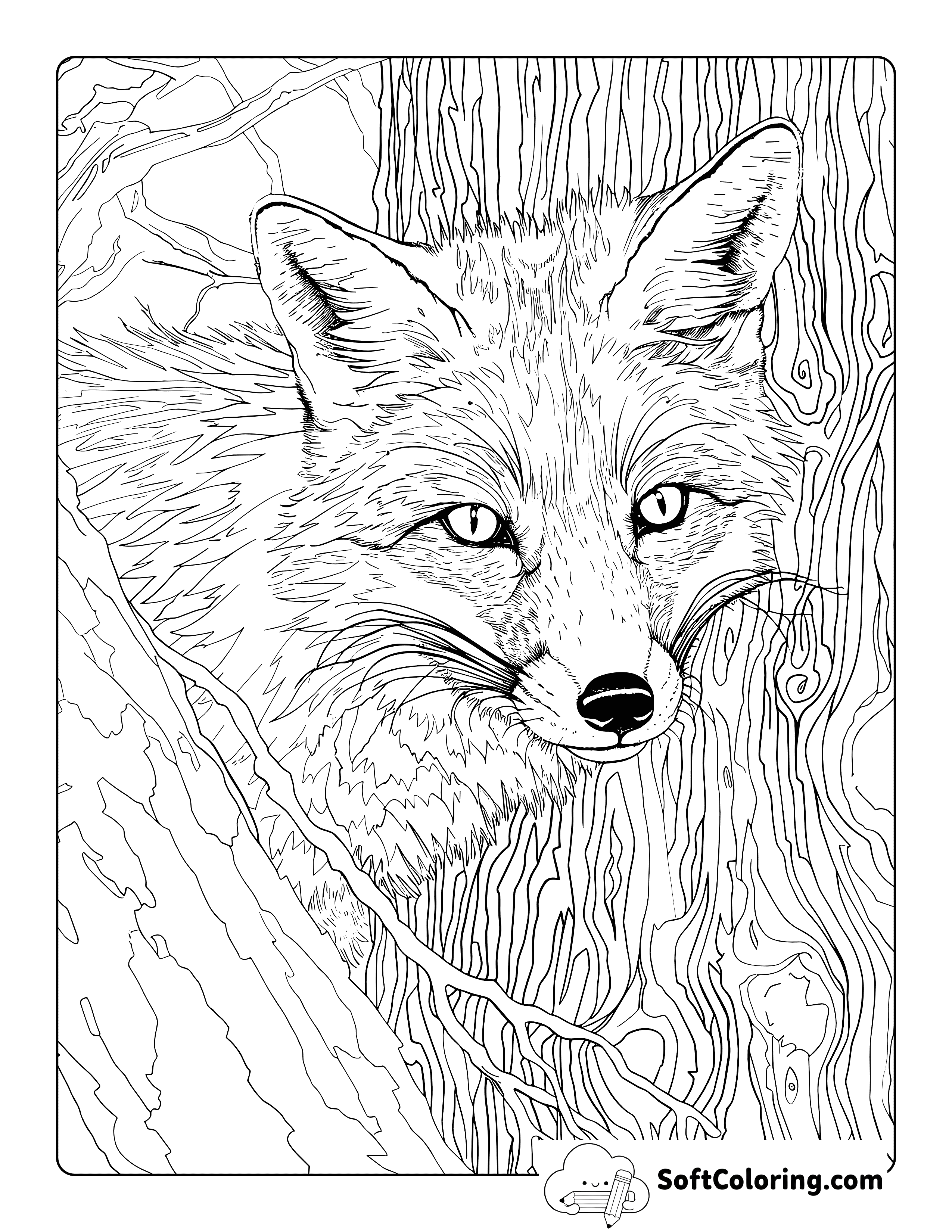 Realistic Fox in the Woods Coloring Page