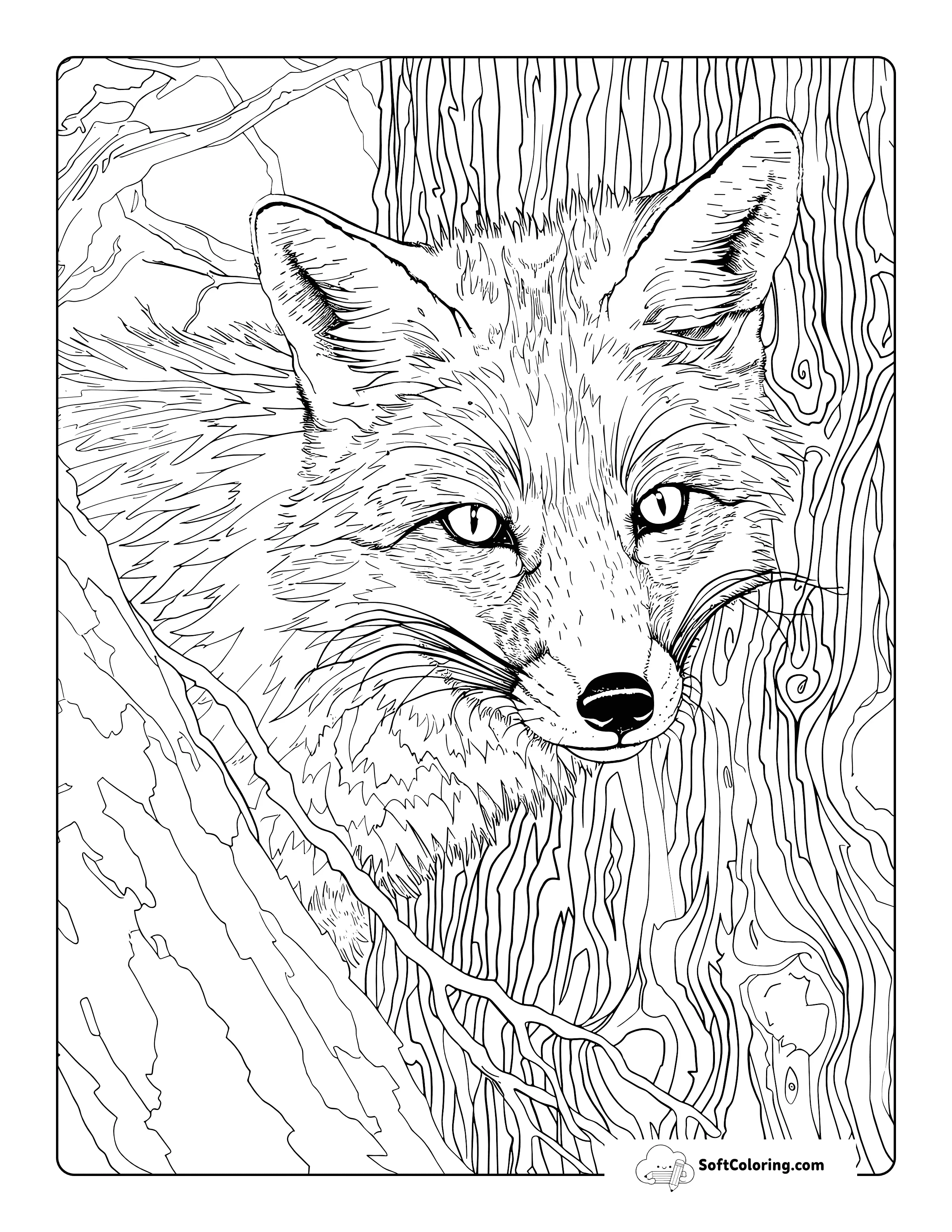 Realistic Fox In The Woods Coloring Page