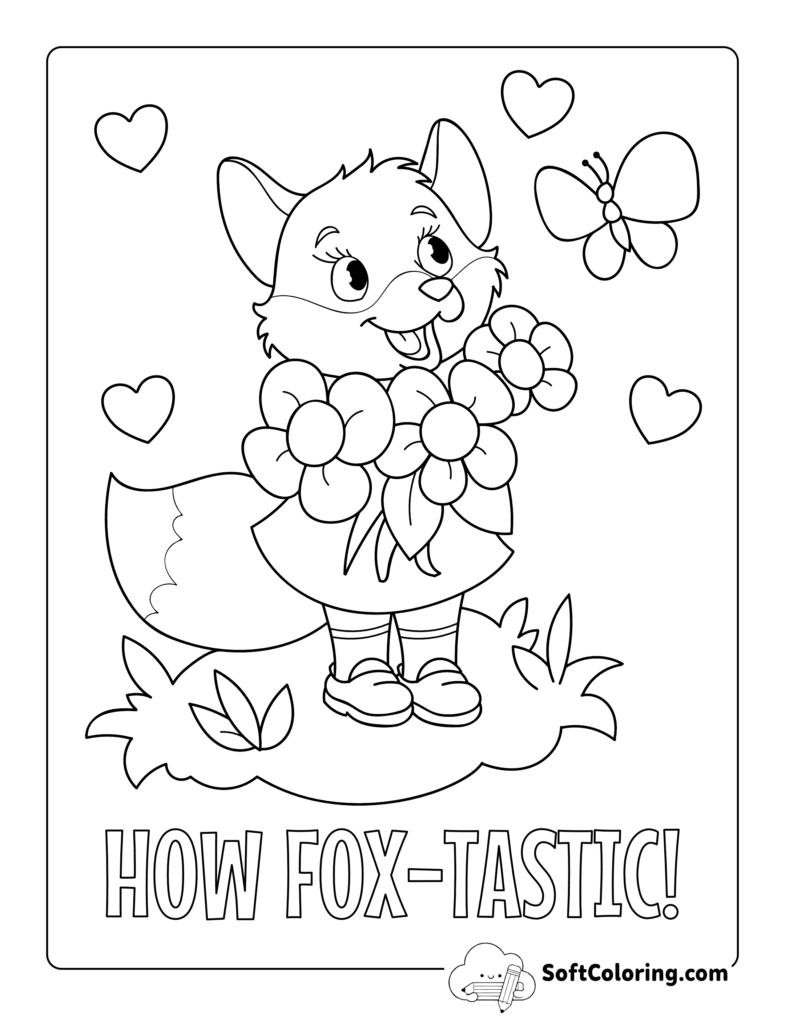 Cute Fox with Flowers Coloring Page