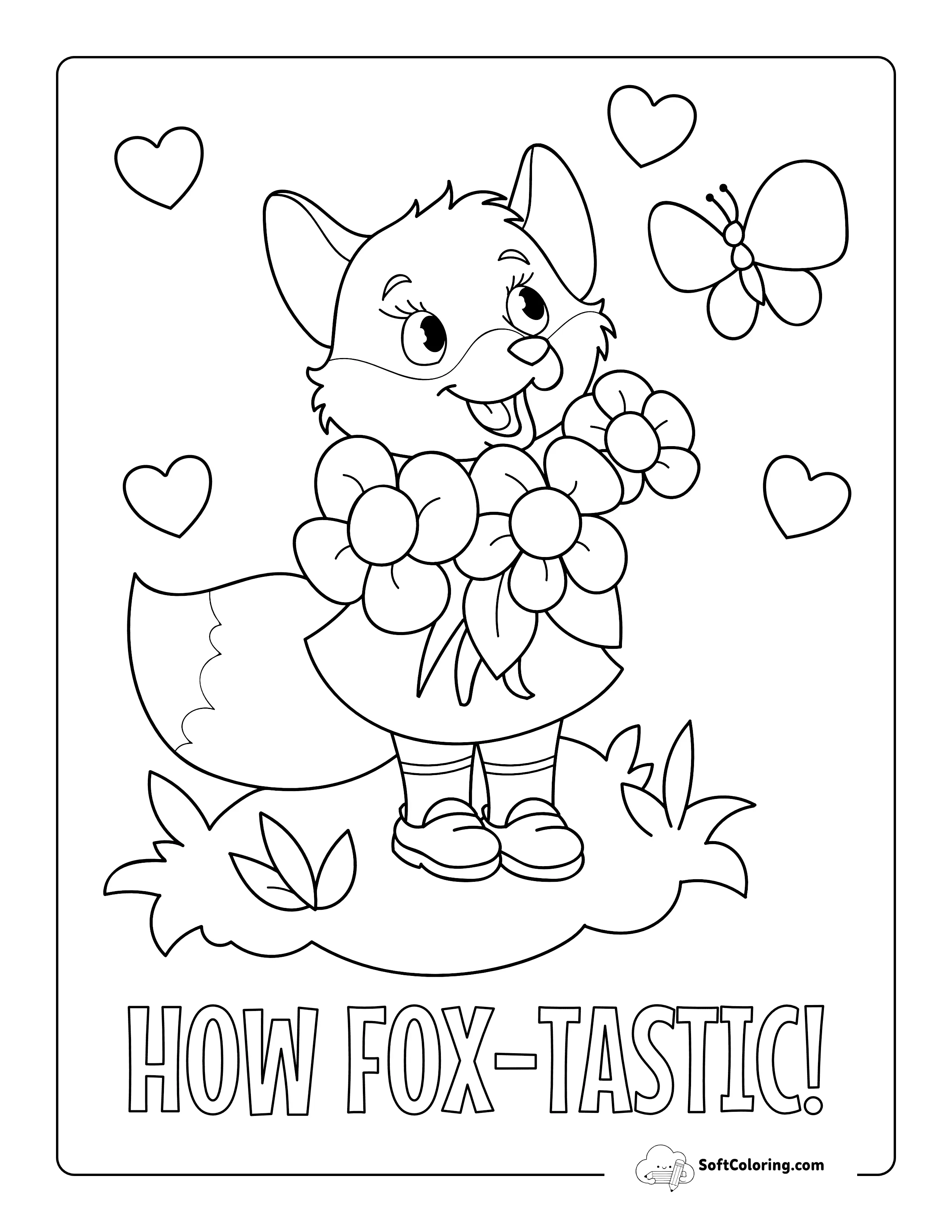 Cute Fox With Flowers Coloring Page
