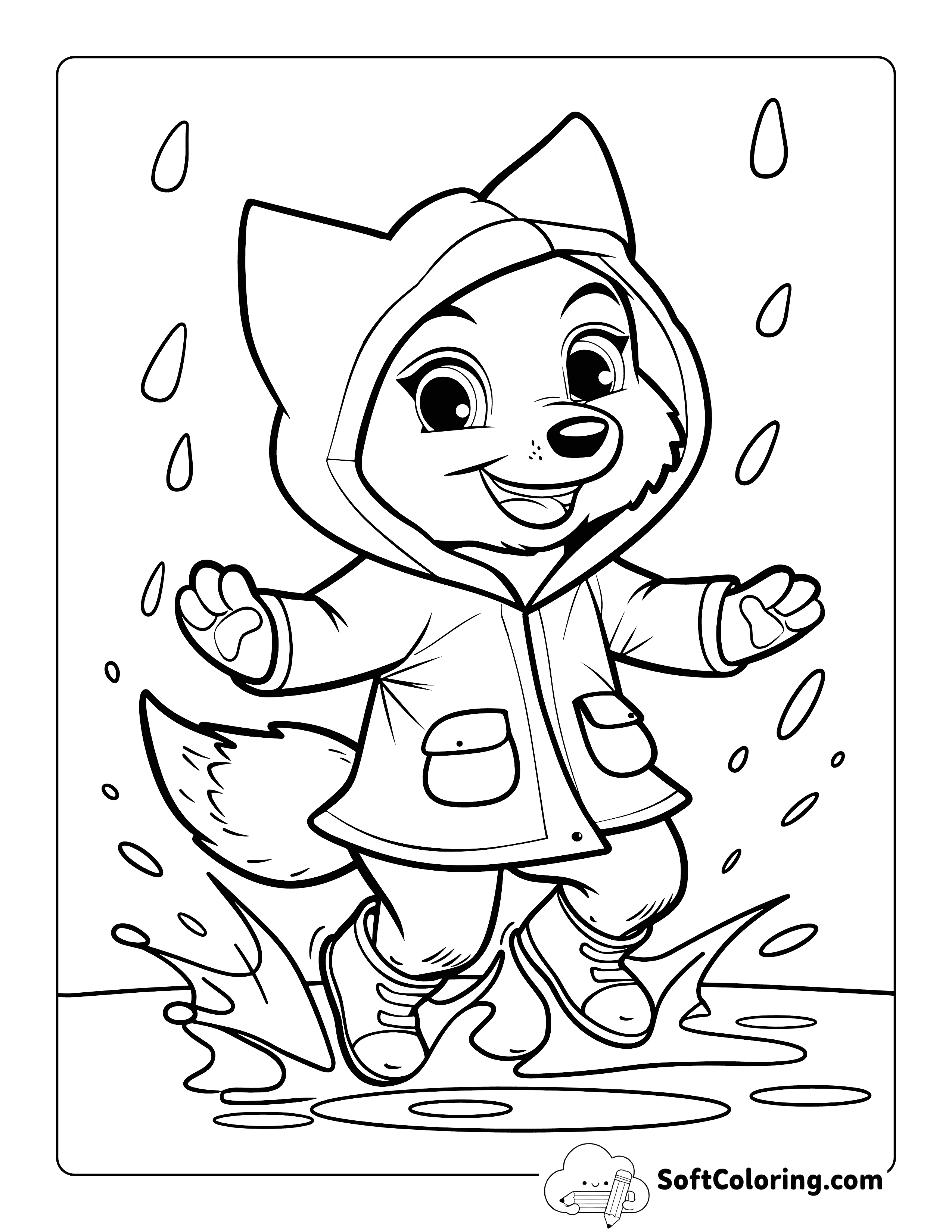 Puddle-Jumping Fox Coloring Page for Kids
