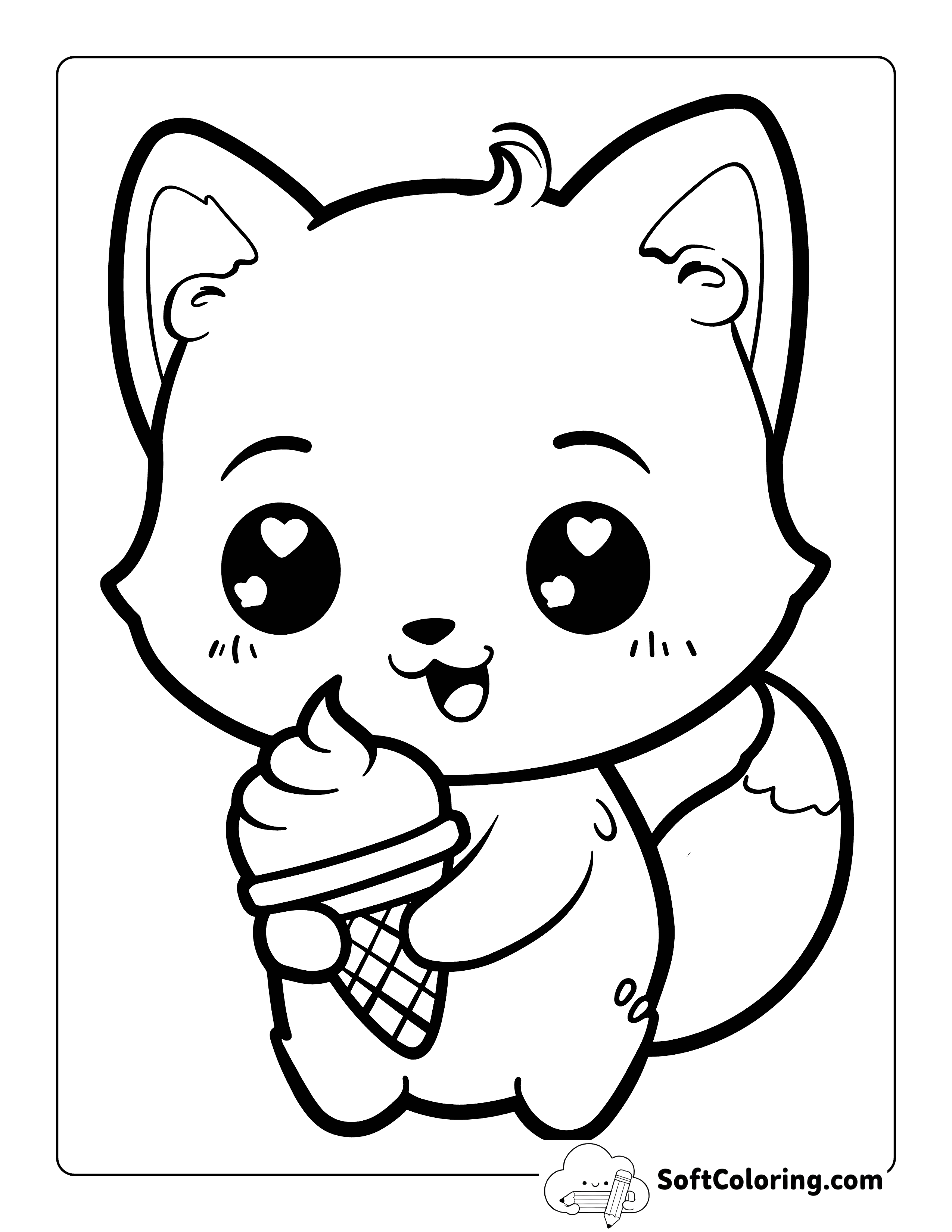 Eating Ice Cream Kawaii Fox Coloring Page