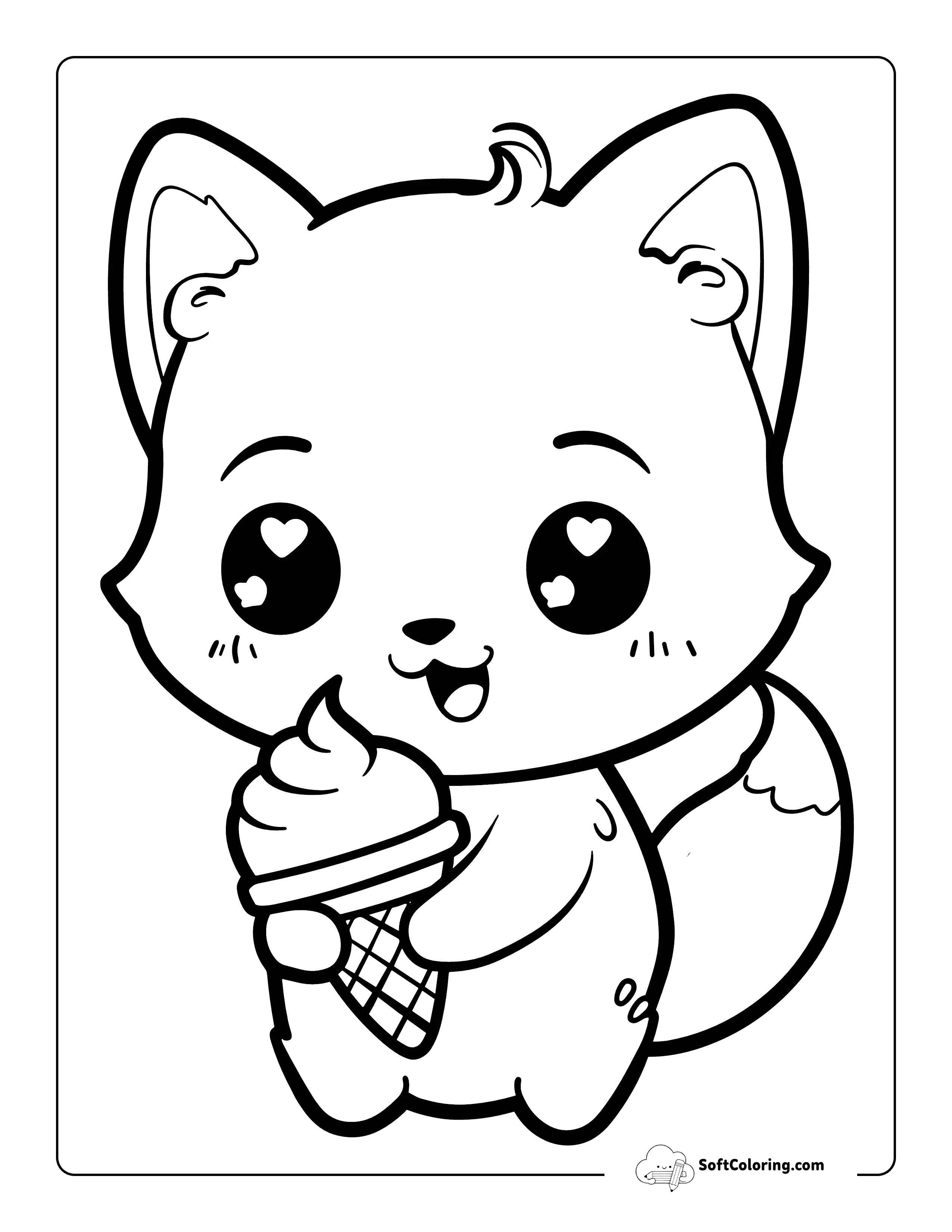 Kawaii Fox Eating Ice Cream Coloring Page