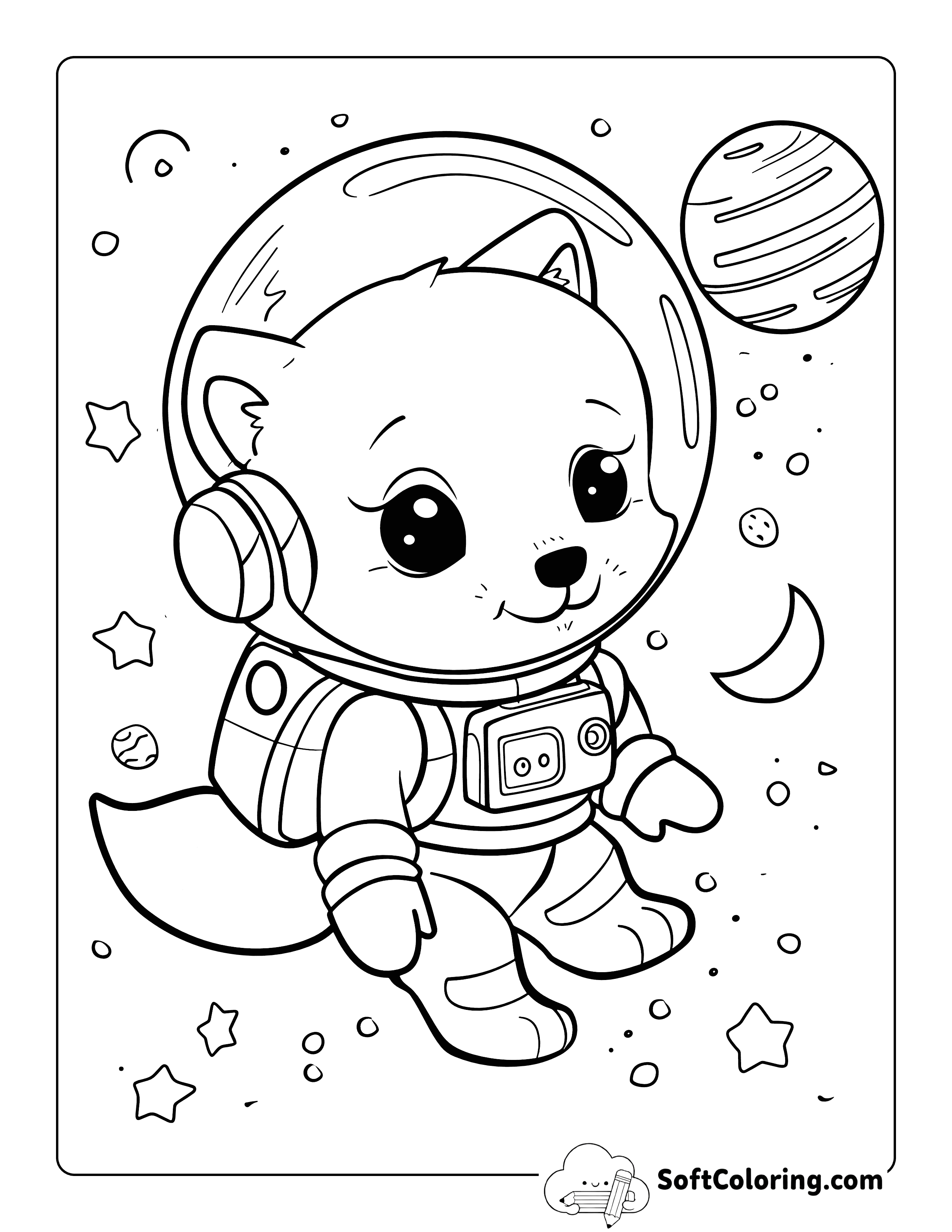 Astronaut Space Fox Kawaii Coloring Page