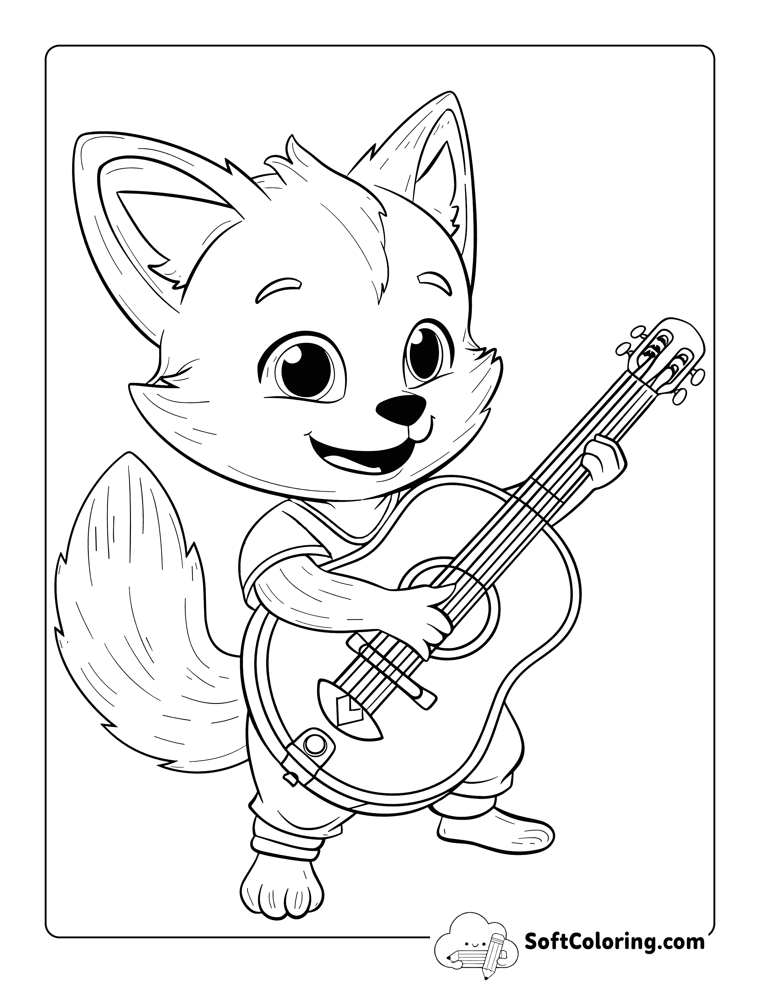 Fox Playing a Guitar Easy Coloring Page for Kids