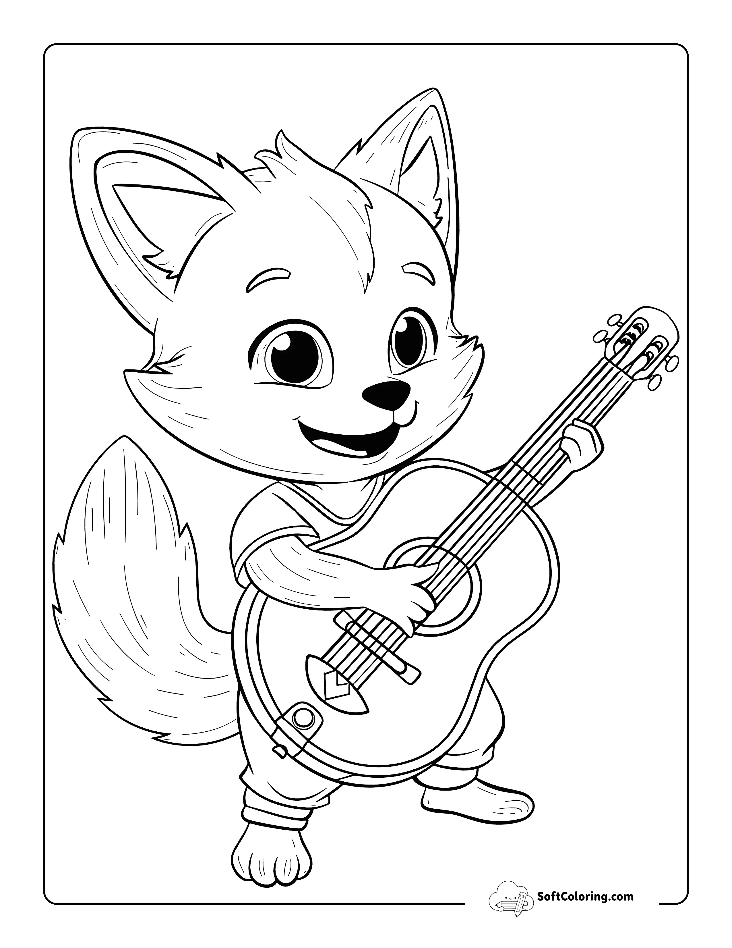 Fox Playing A Guitar Easy Coloring Page For Kids