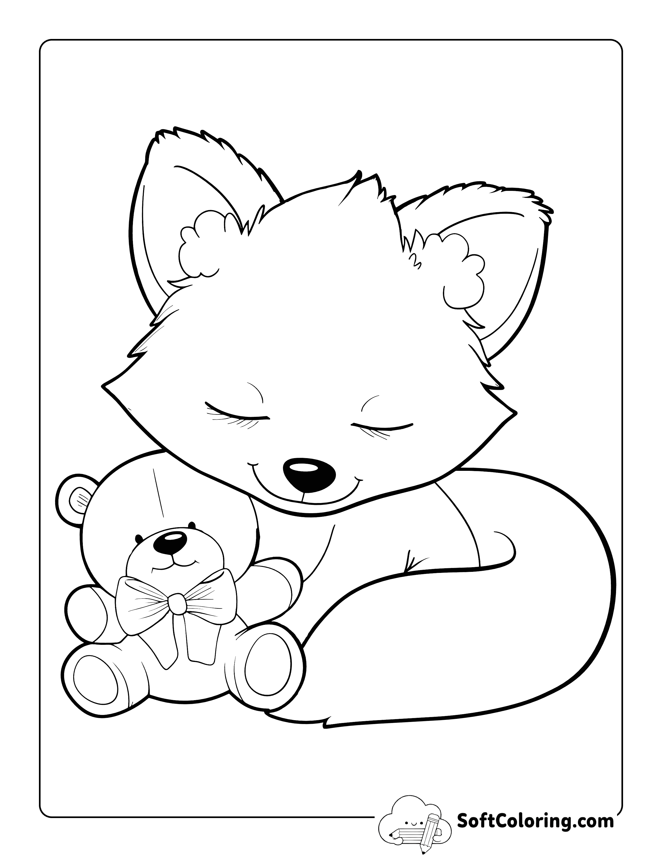 Teddy Bear and Cute Fox Coloring Page for Kids