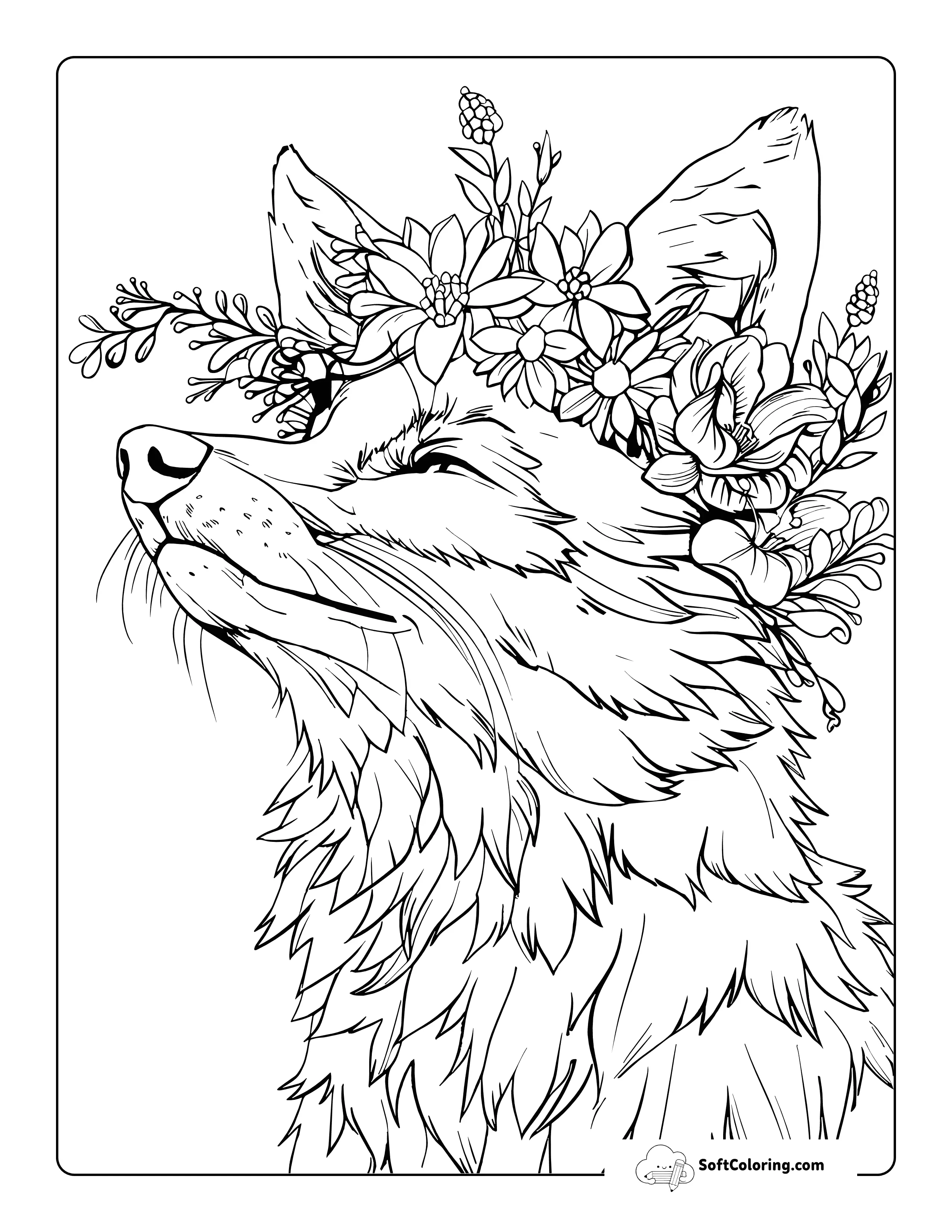 Realistic Fox & Flowers Coloring Page