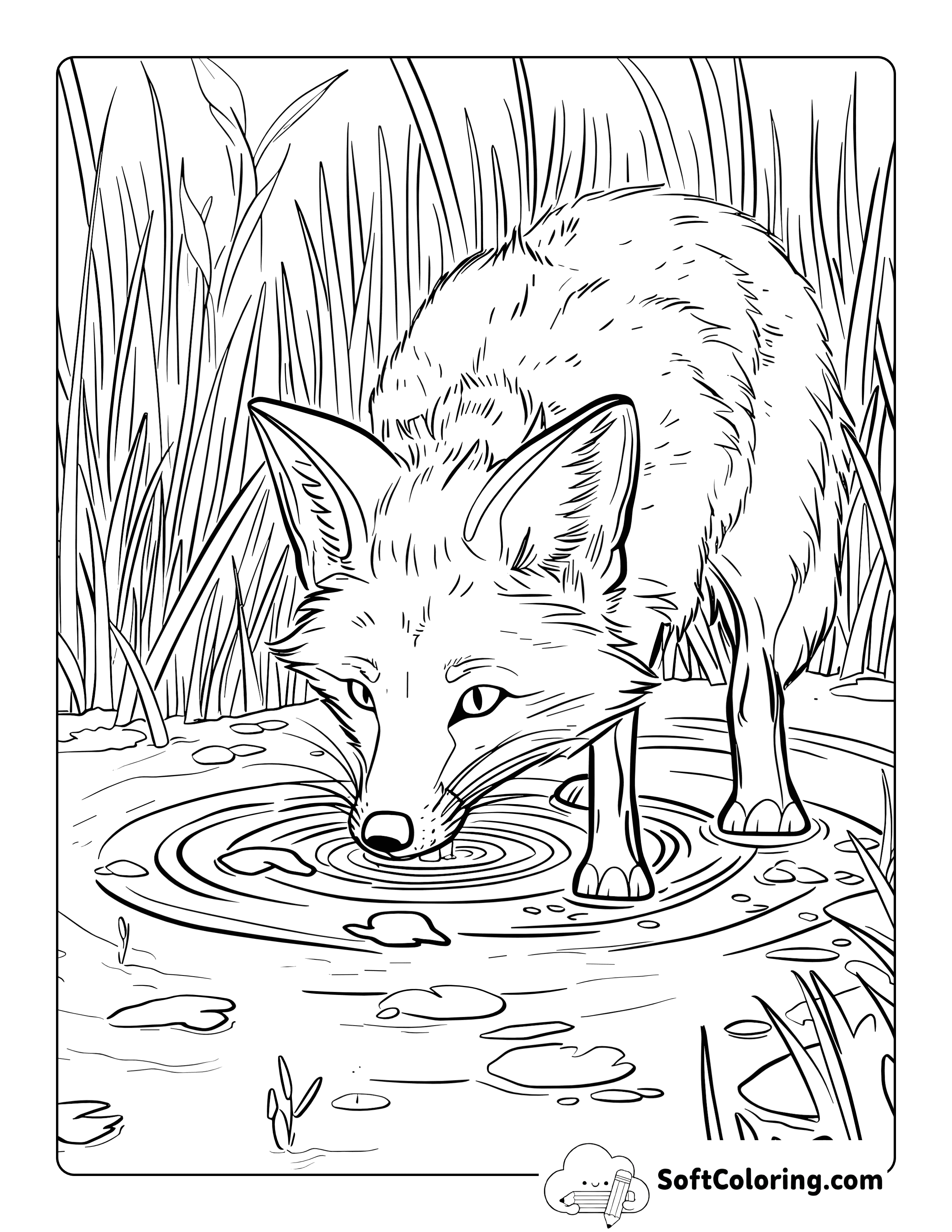 Drinking from a Pond Realistic Fox Coloring Page