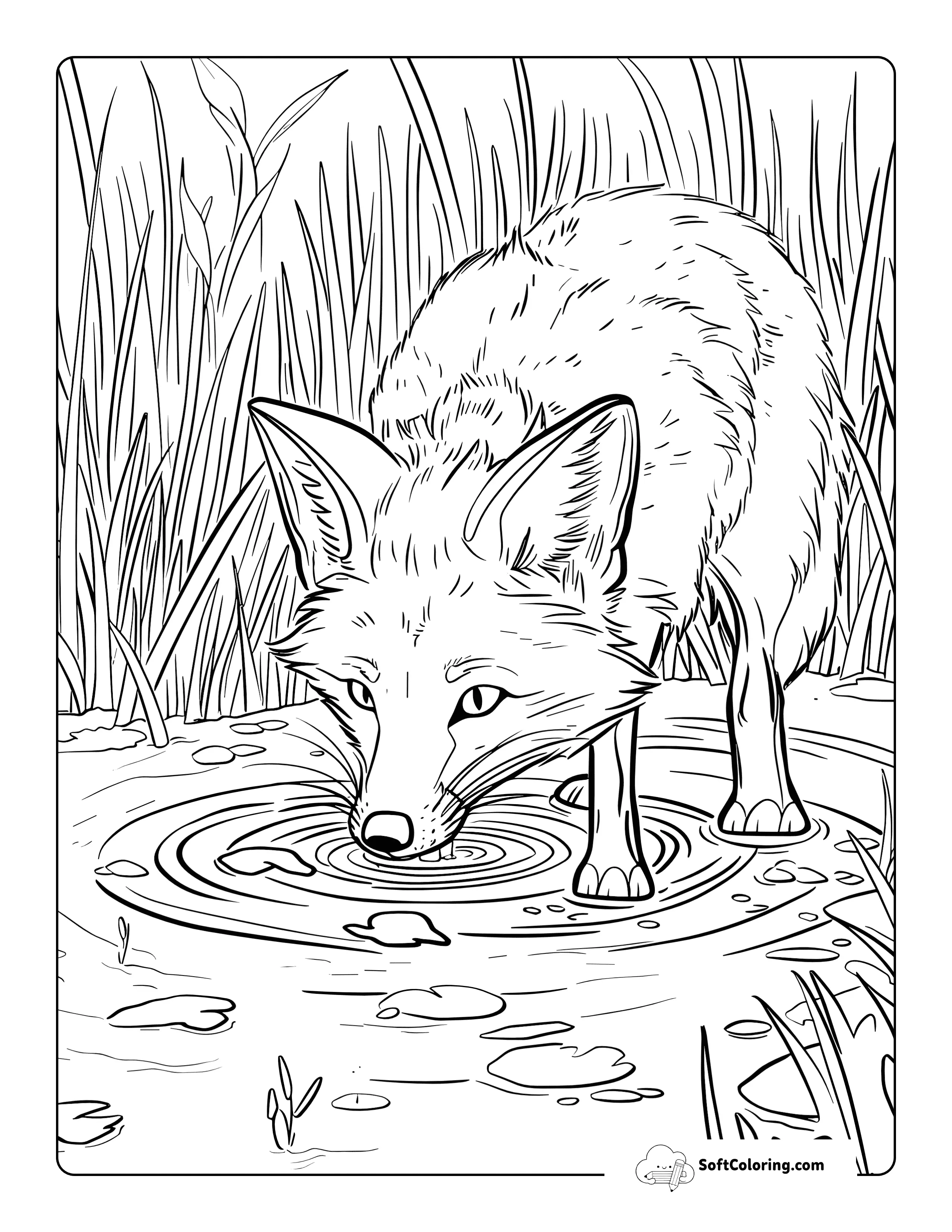 Drinking From A Pond Realistic Fox Coloring Page