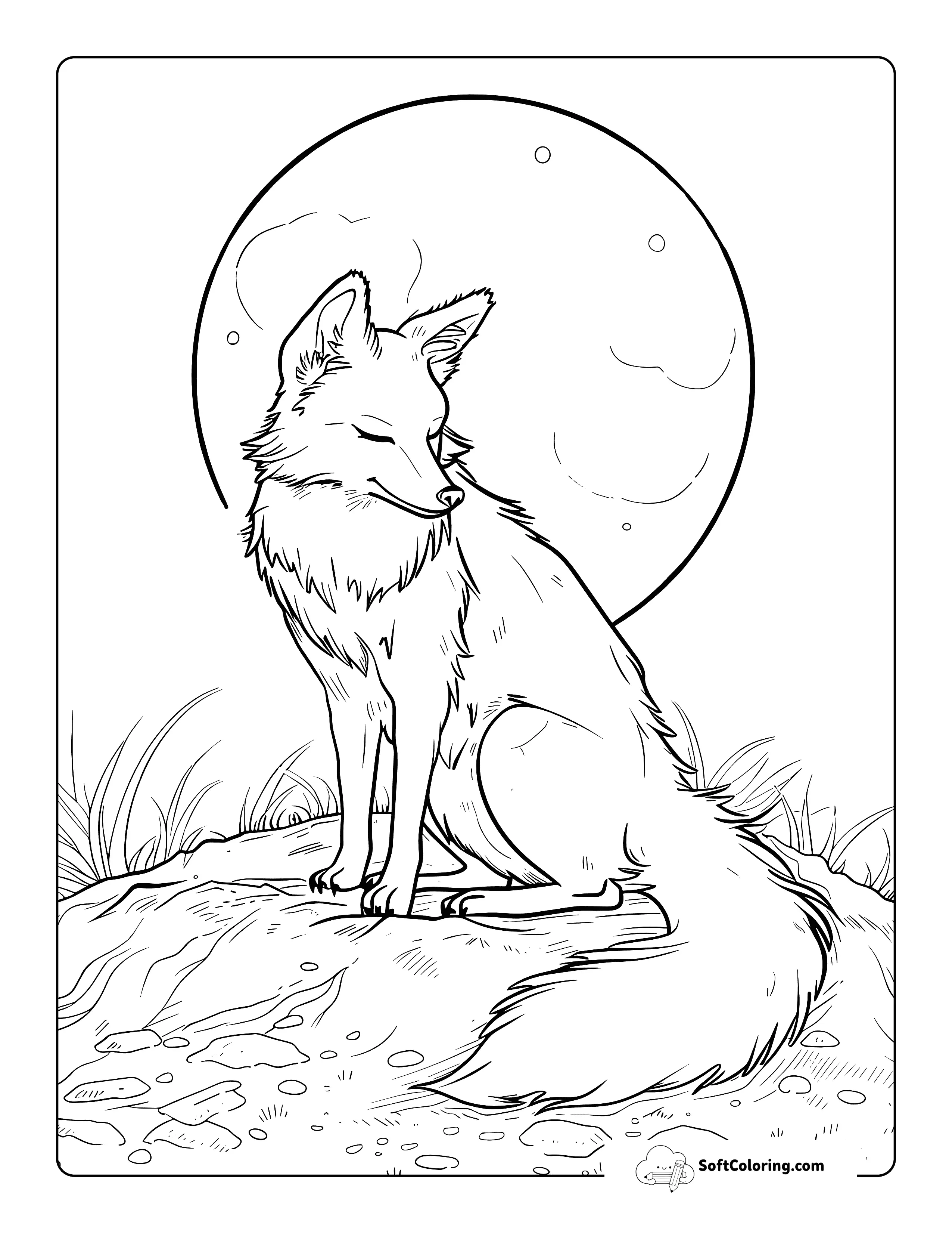 Realistic Fox In Moonlight Moon Coloring Sheet For Adults