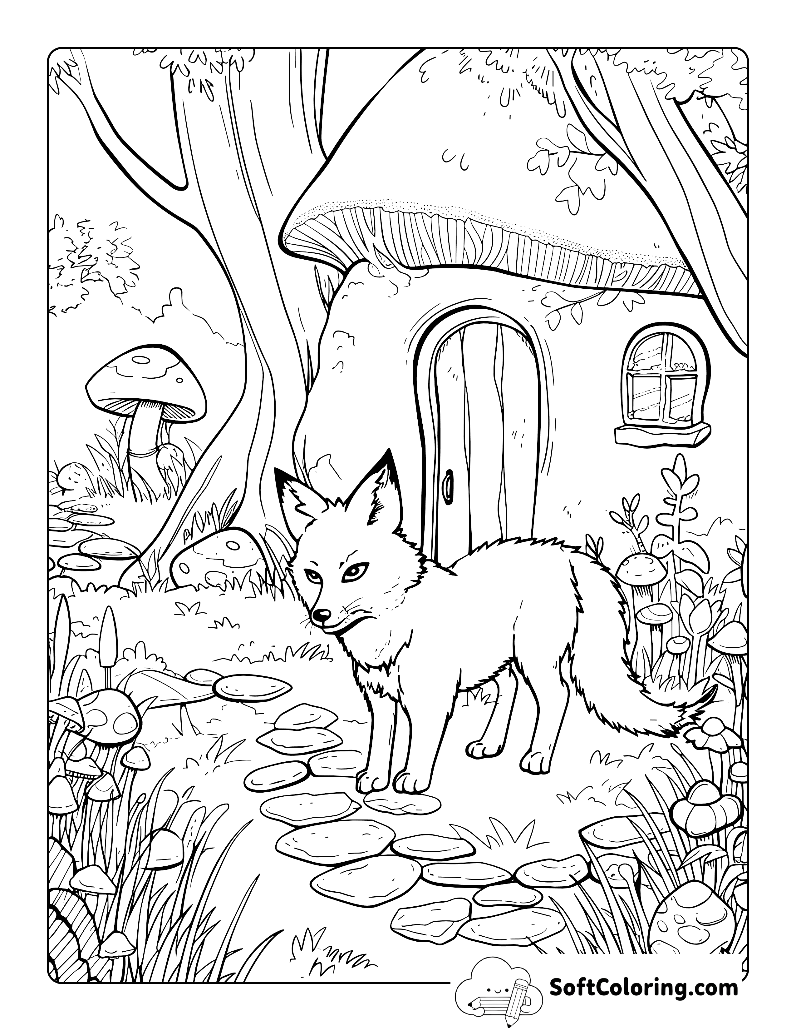Fox Cottage Aesthetic Coloring Sheet for Adults