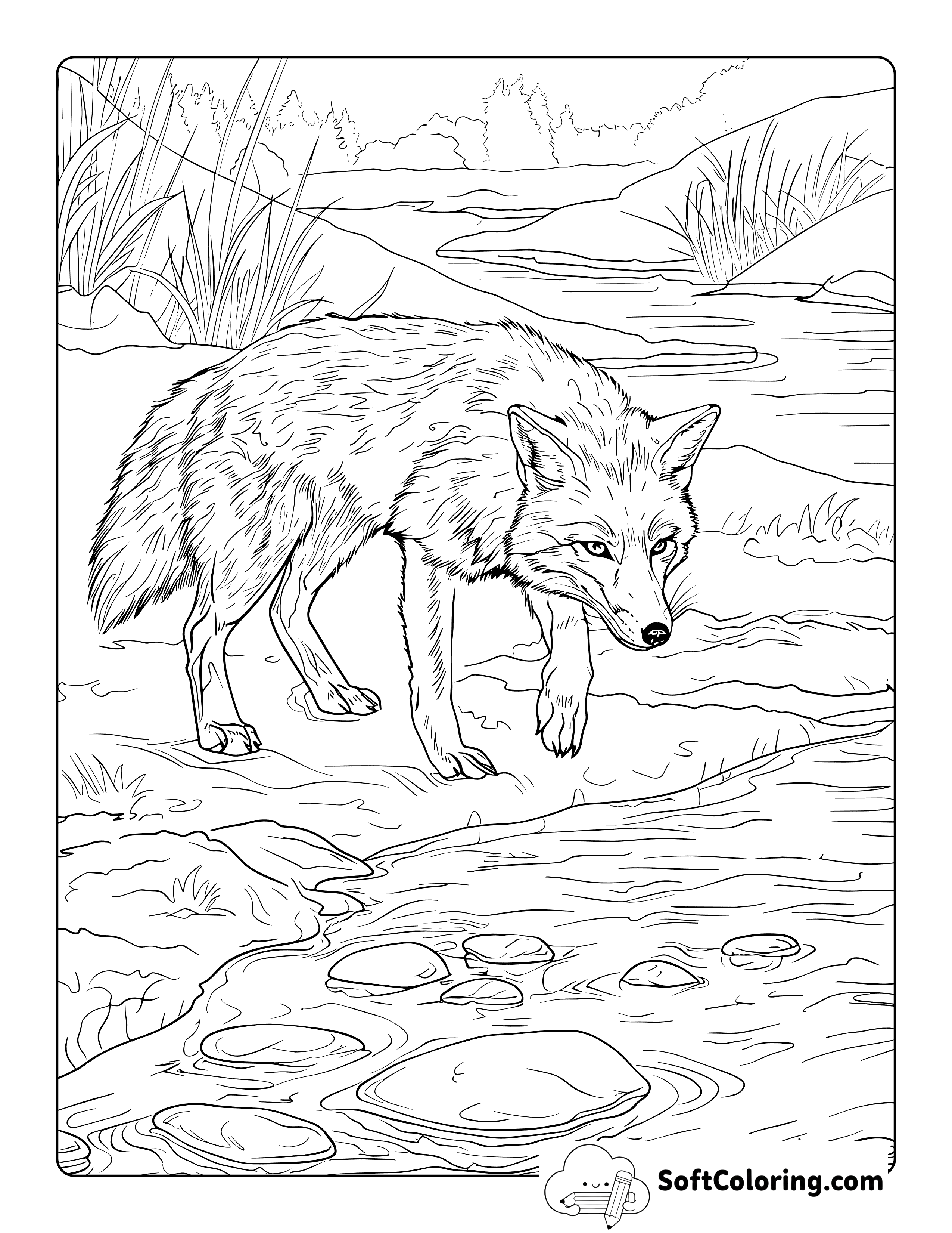 Stream and Landscape Realistic Fox Coloring Page