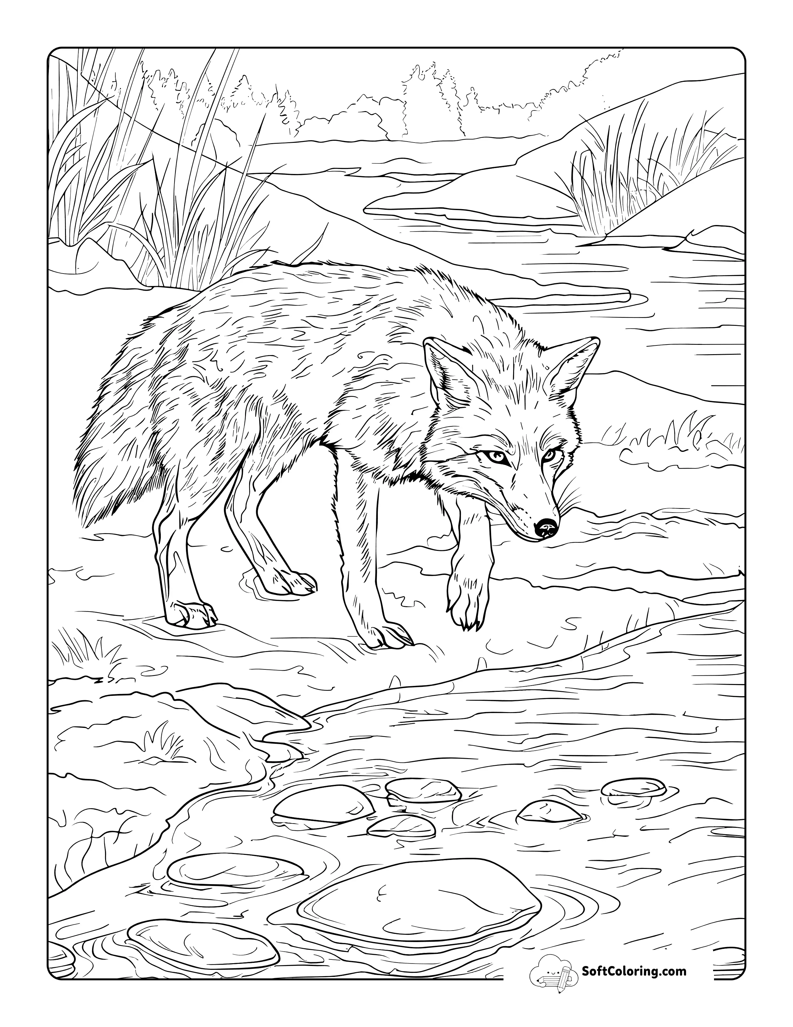 Stream And Landscape Realistic Fox Coloring Page