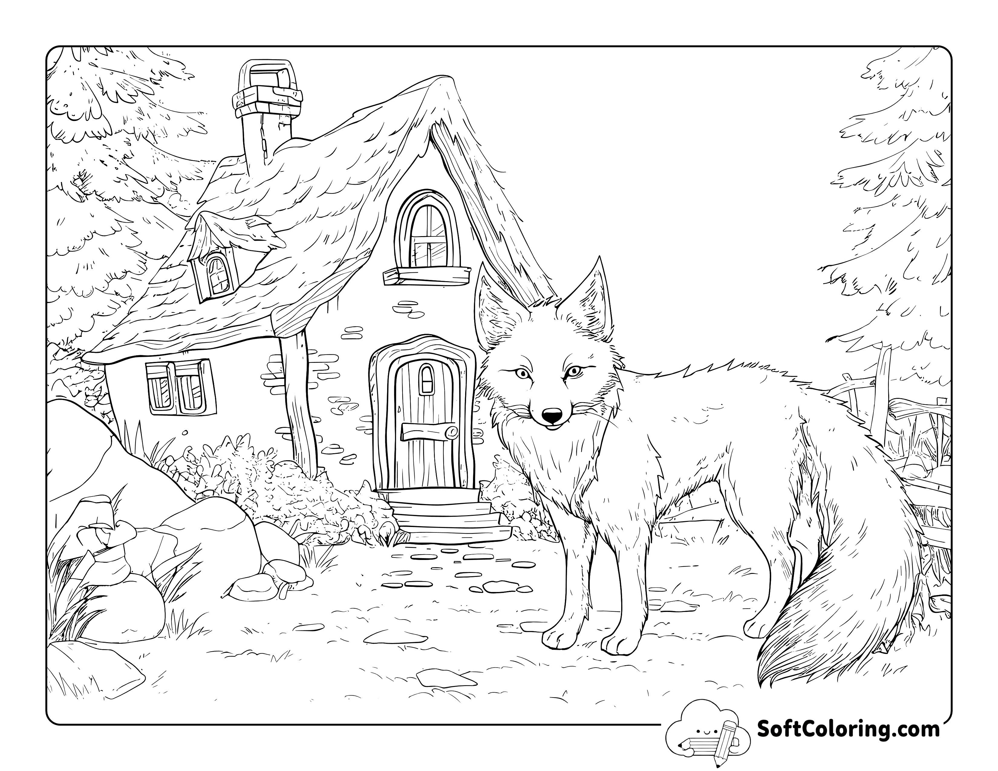 Realistic Fox Cottage Aesthetic Coloring Page