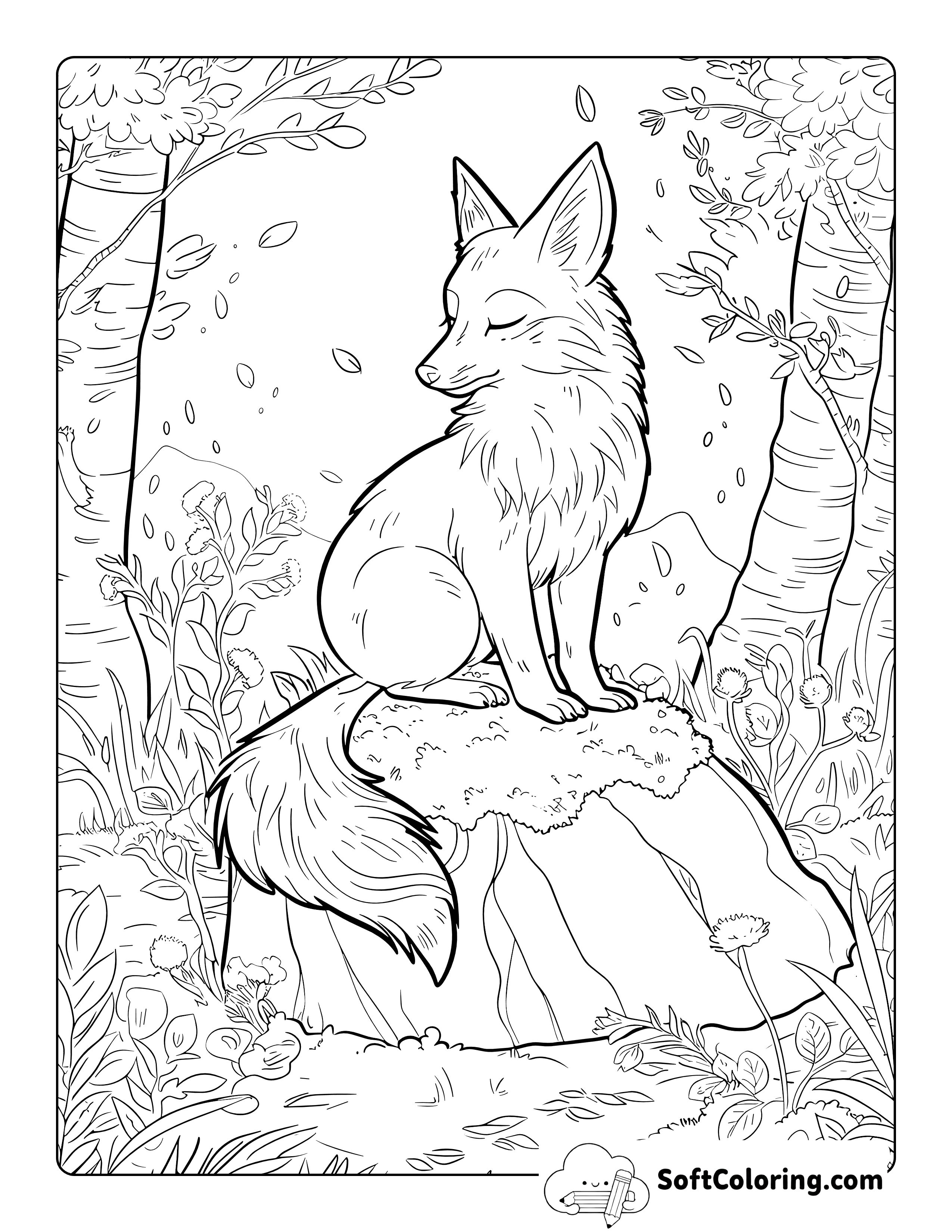 In a Wooded Grove Realistic Fox Coloring Page for Adults