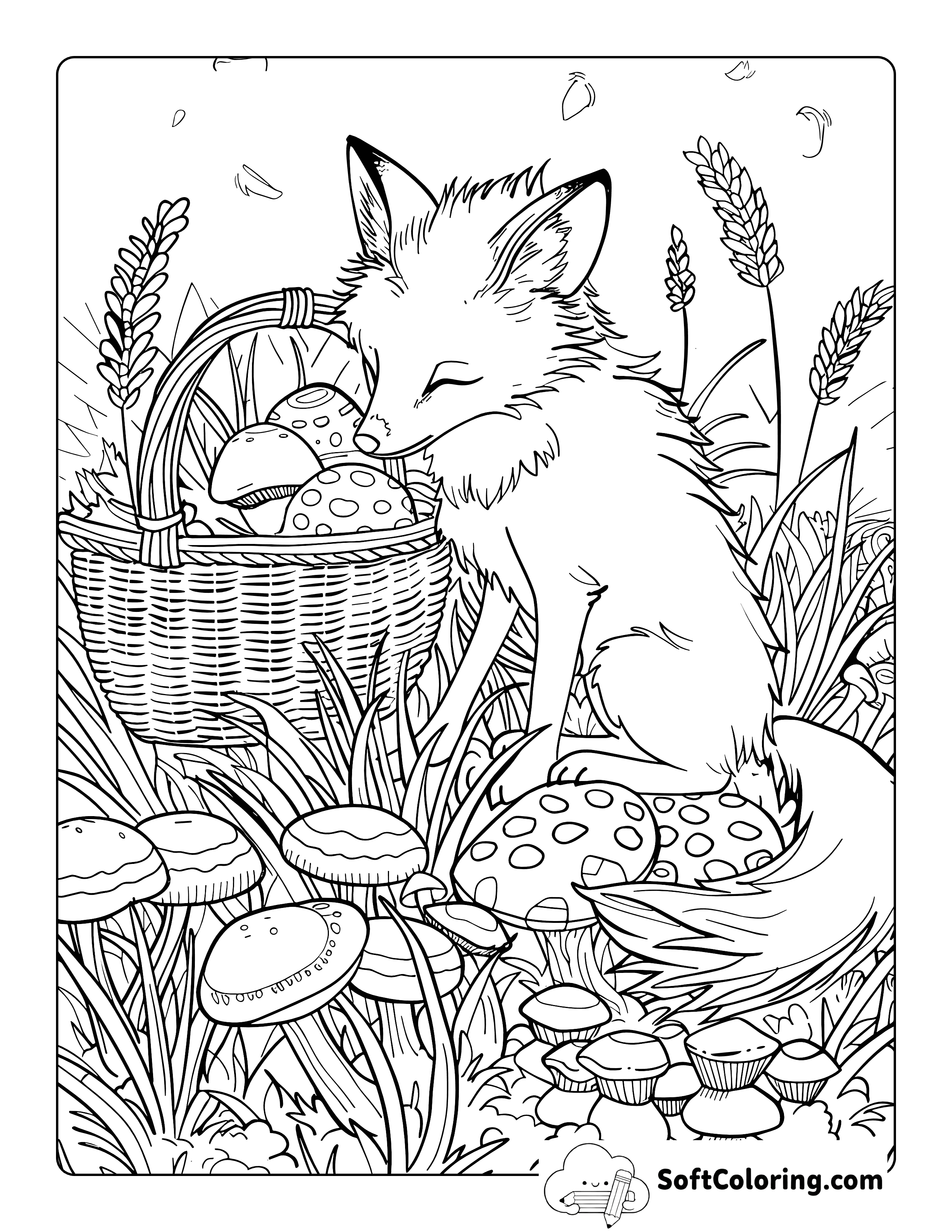 Cute Realistic Fox with Basket of Mushrooms Coloring Sheet
