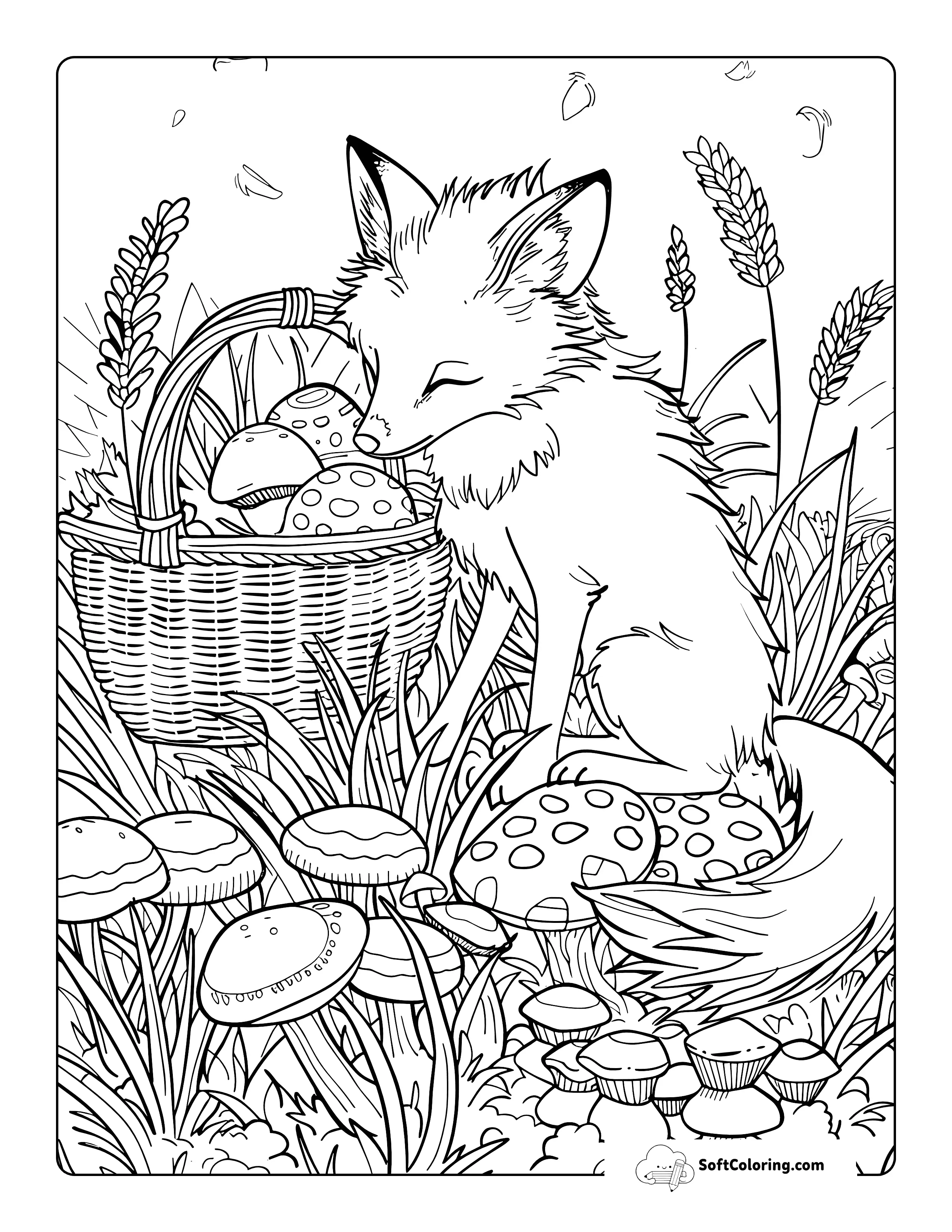 Cute Realistic Fox With Basket Of Mushrooms Coloring Sheet