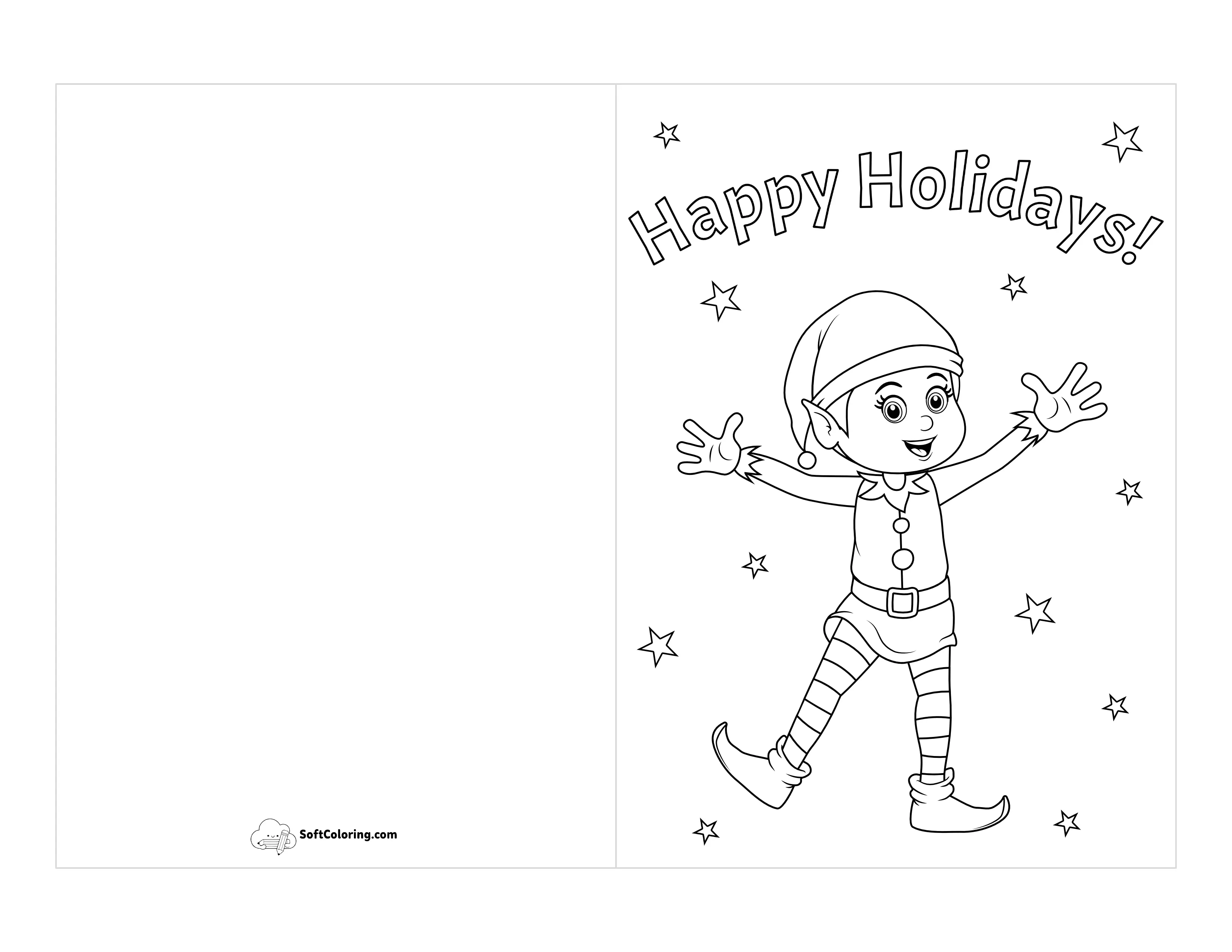 Cute Elf Christmas Card For Kid To Color