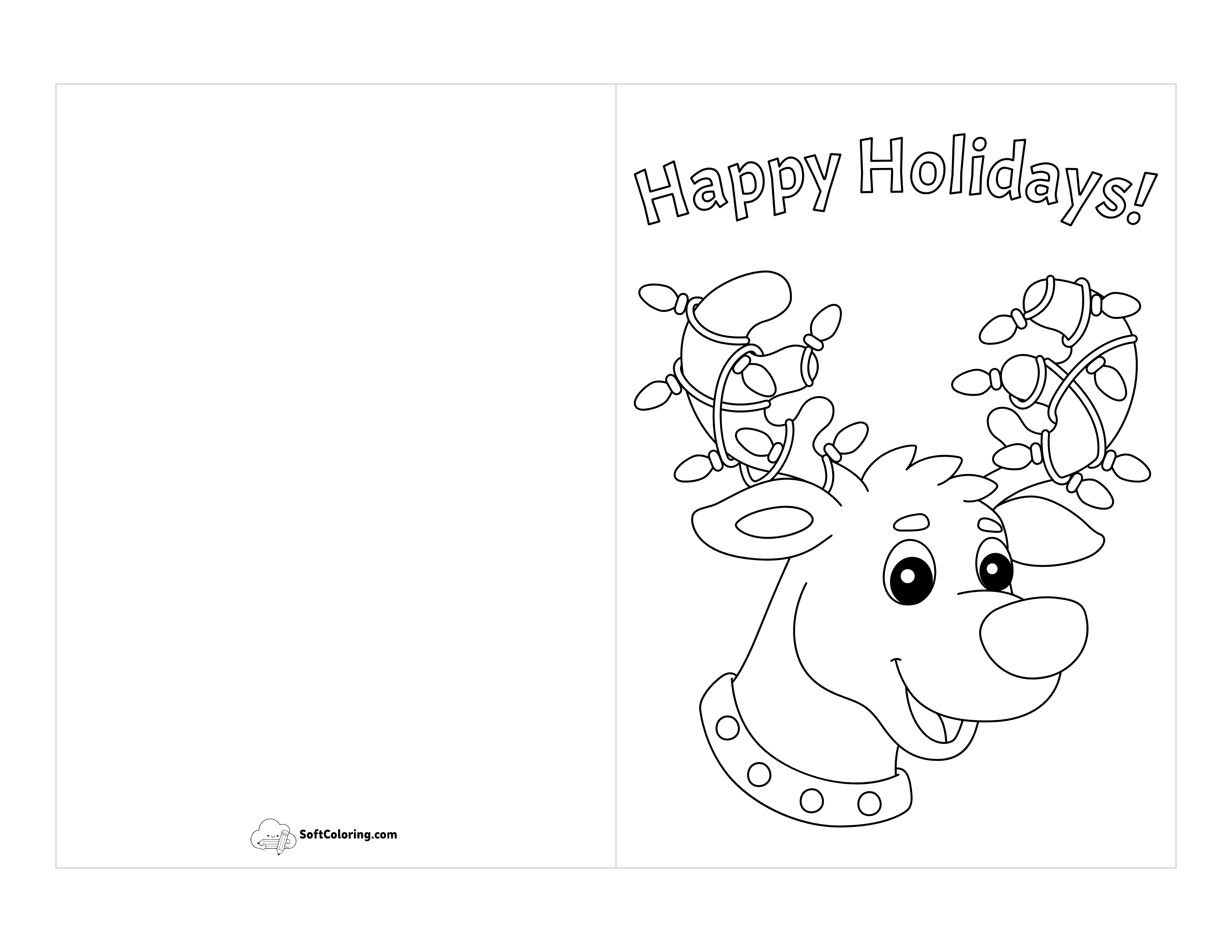 Cute Reindeer Holiday Card To Color
