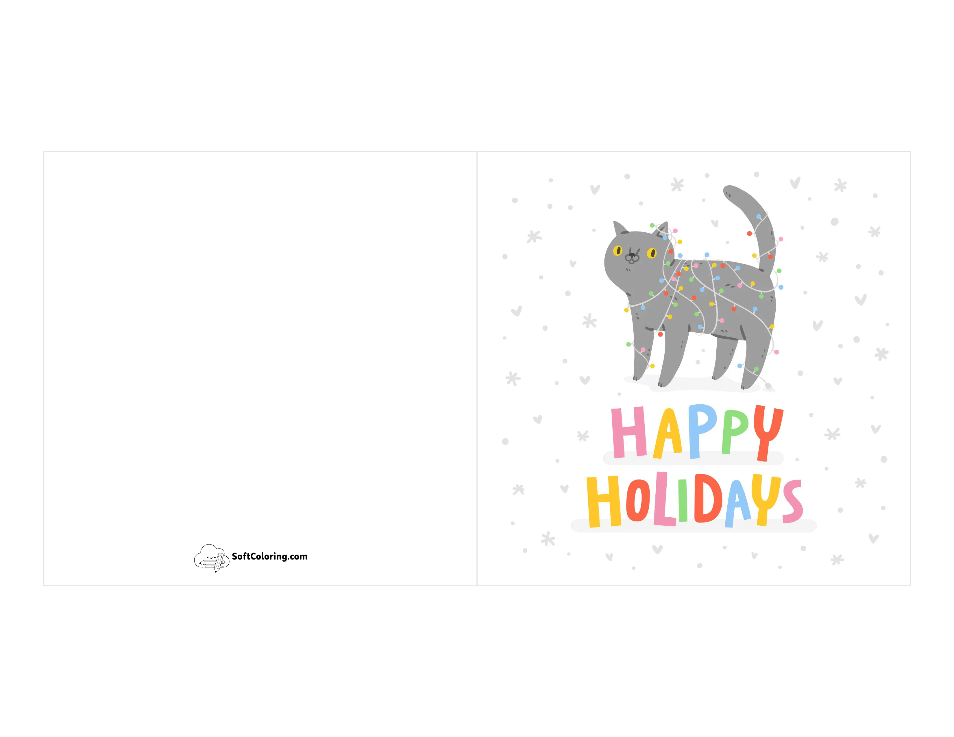 Cute Cat Tangled In Lights Printable Card