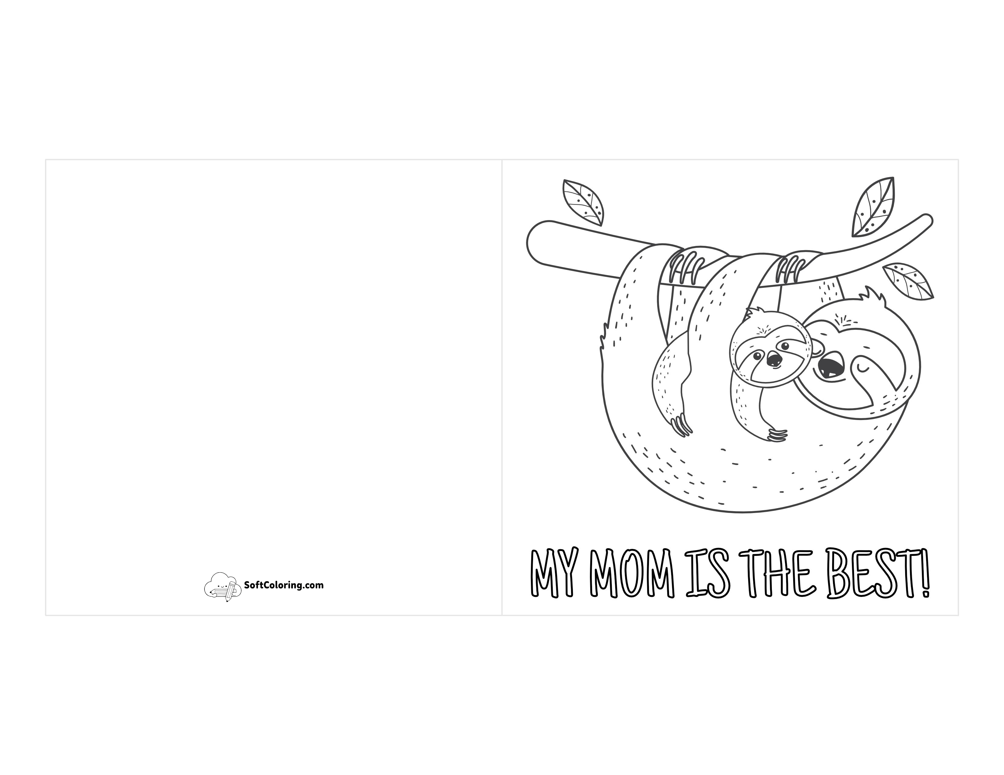 Cute Sloths "Best Mom" Card To Color