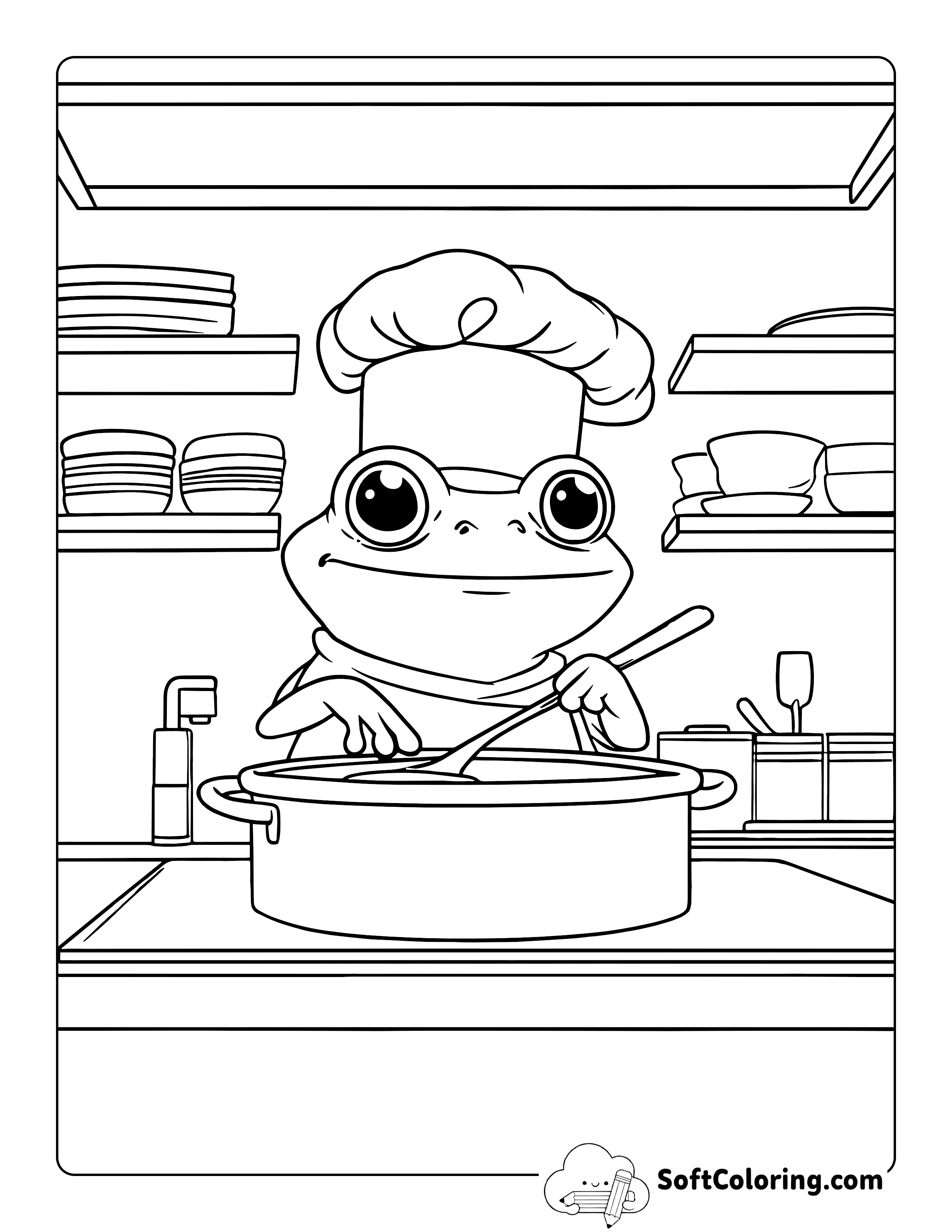 Easy Chef Frog Coloring Sheet for Kids