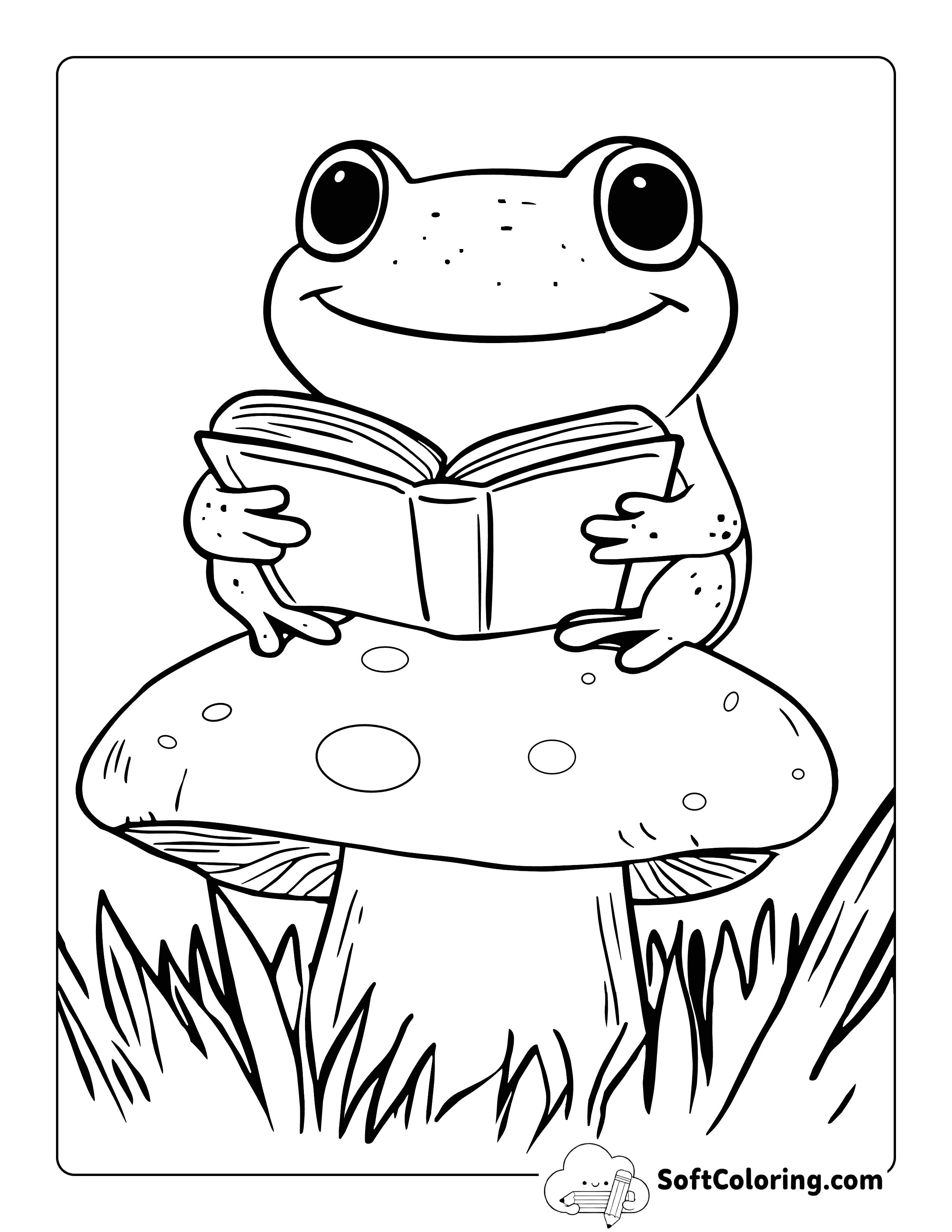 Cute Mushroom Frog Reading a Book Coloring Sheet