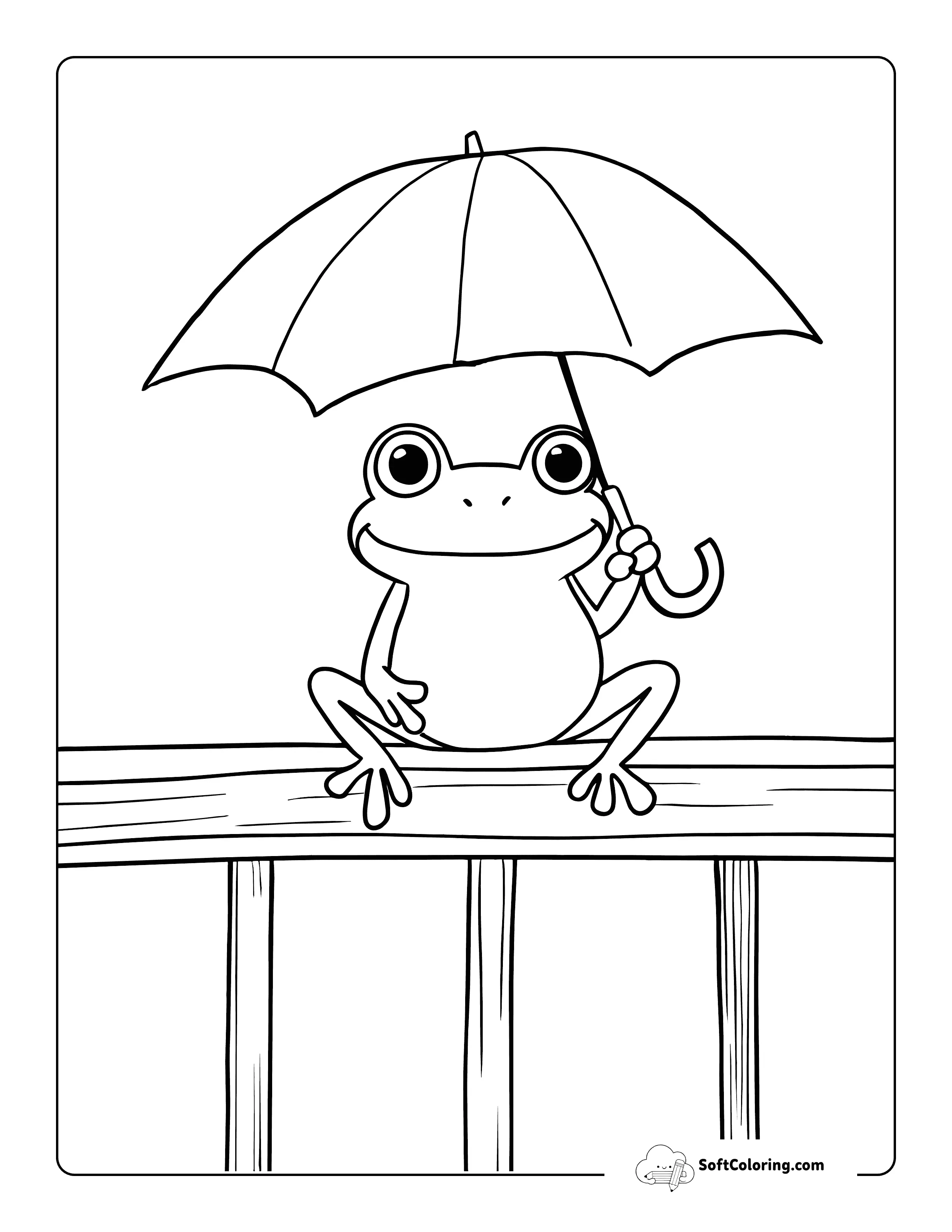 Easy Frog With Umbrella Coloring Sheet For Kids