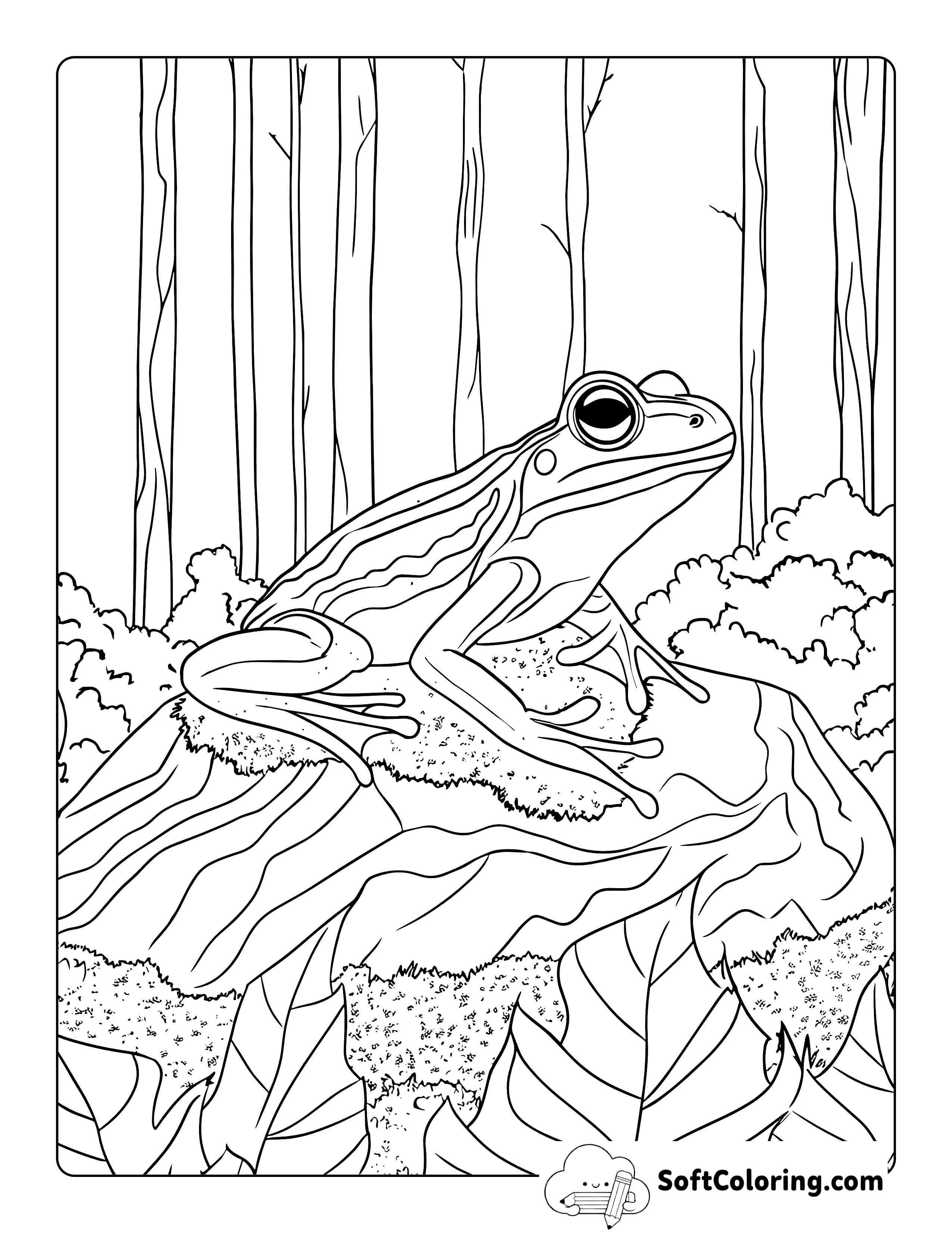 Aesthetic Woodland Frog Coloring Sheet for Adults