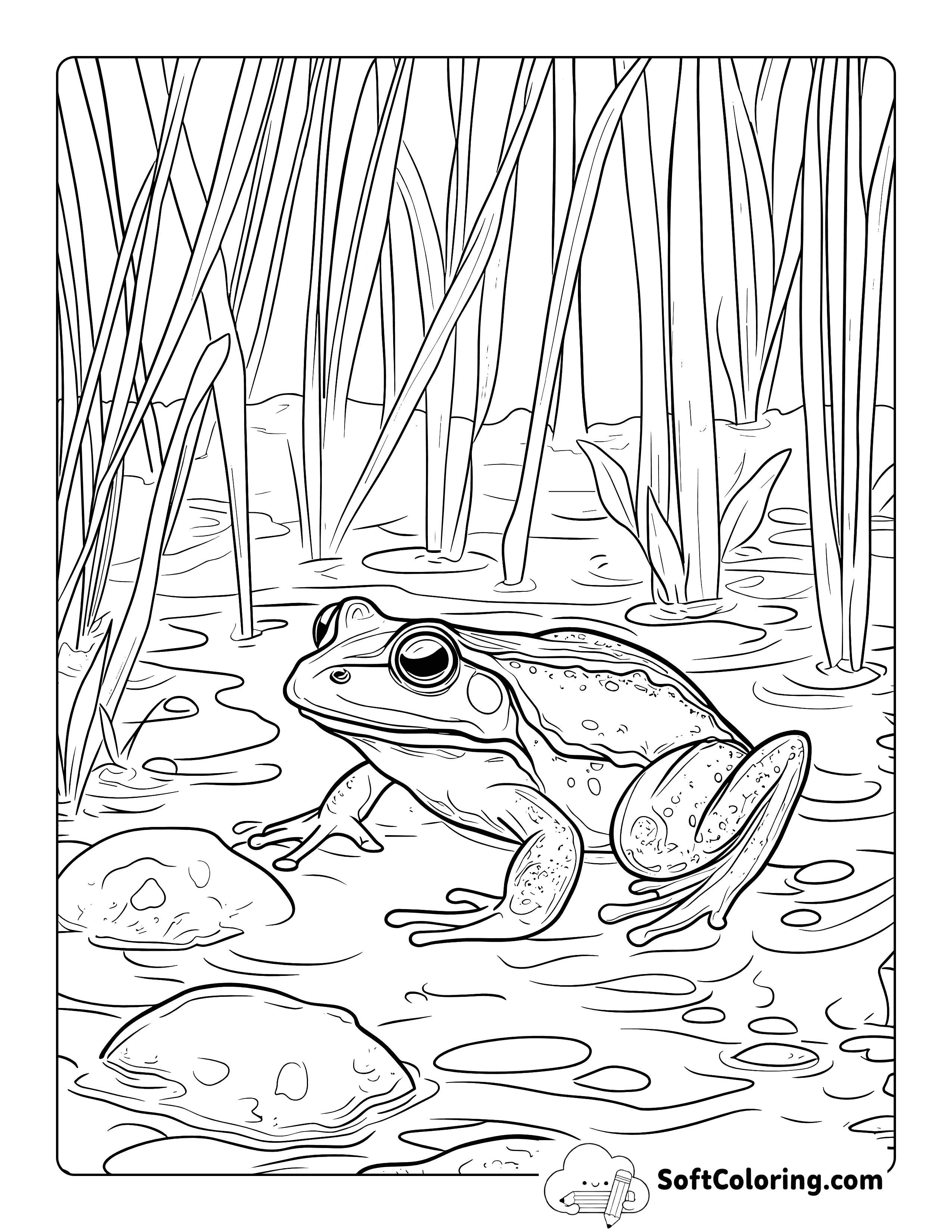 Realistic Wetland Frog Coloring Page for Adults