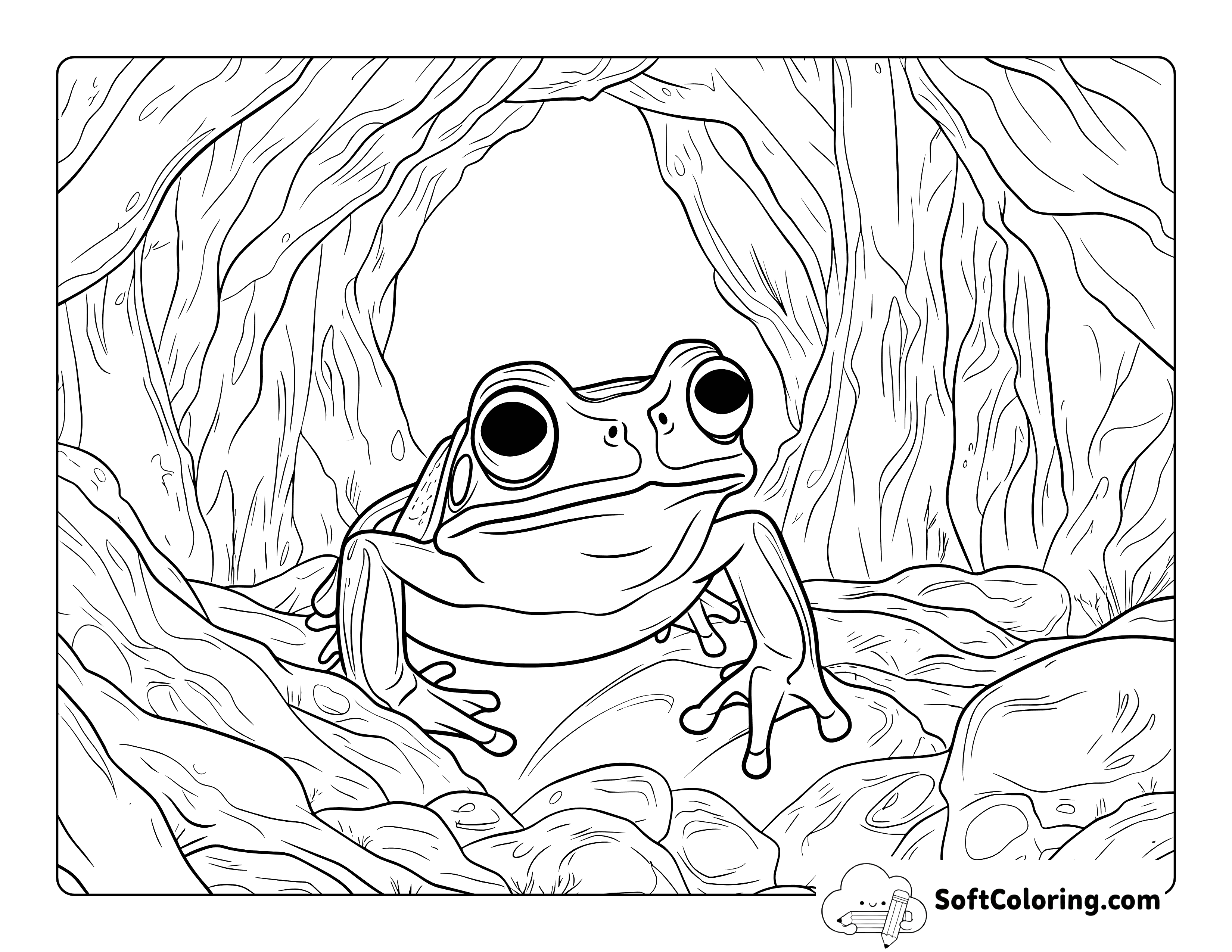 Detailed Realistic Frog in a Cave Coloring Sheet