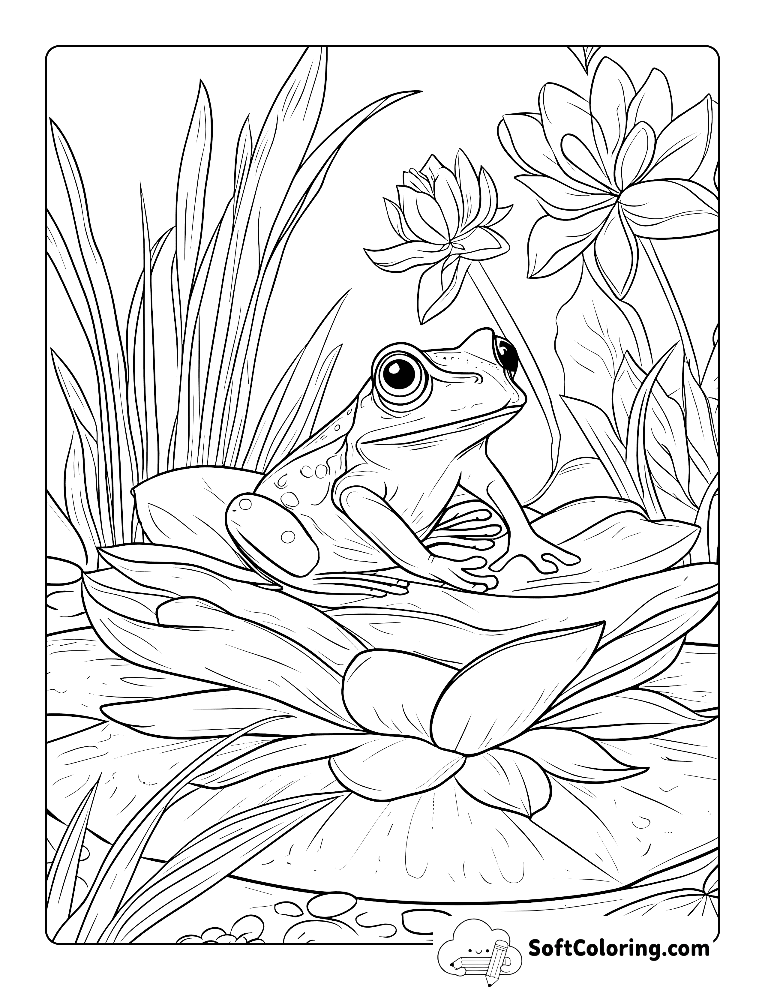Pretty Lily Page and Frog Coloring Page for Adults