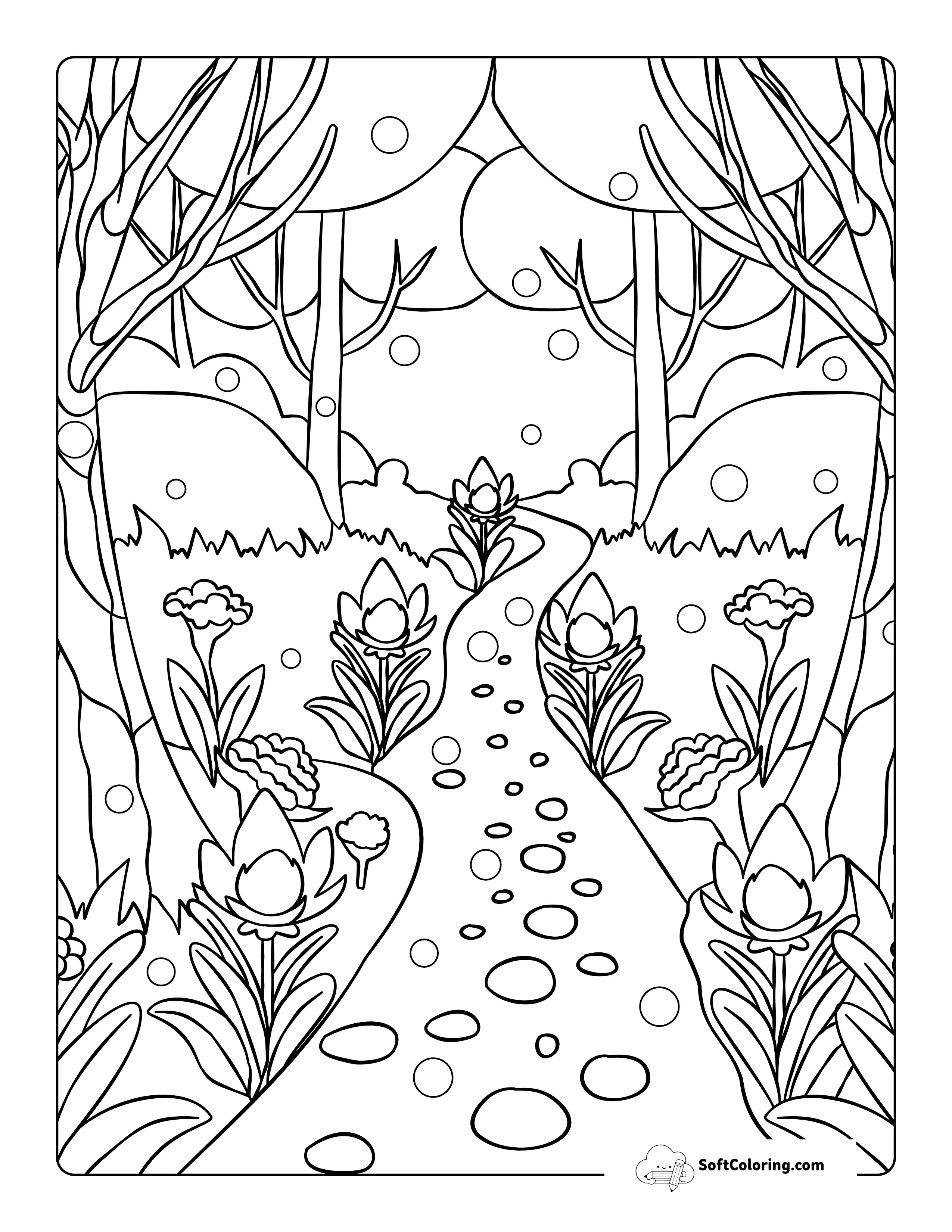 Forest Path Mystical Tree Coloring Sheet