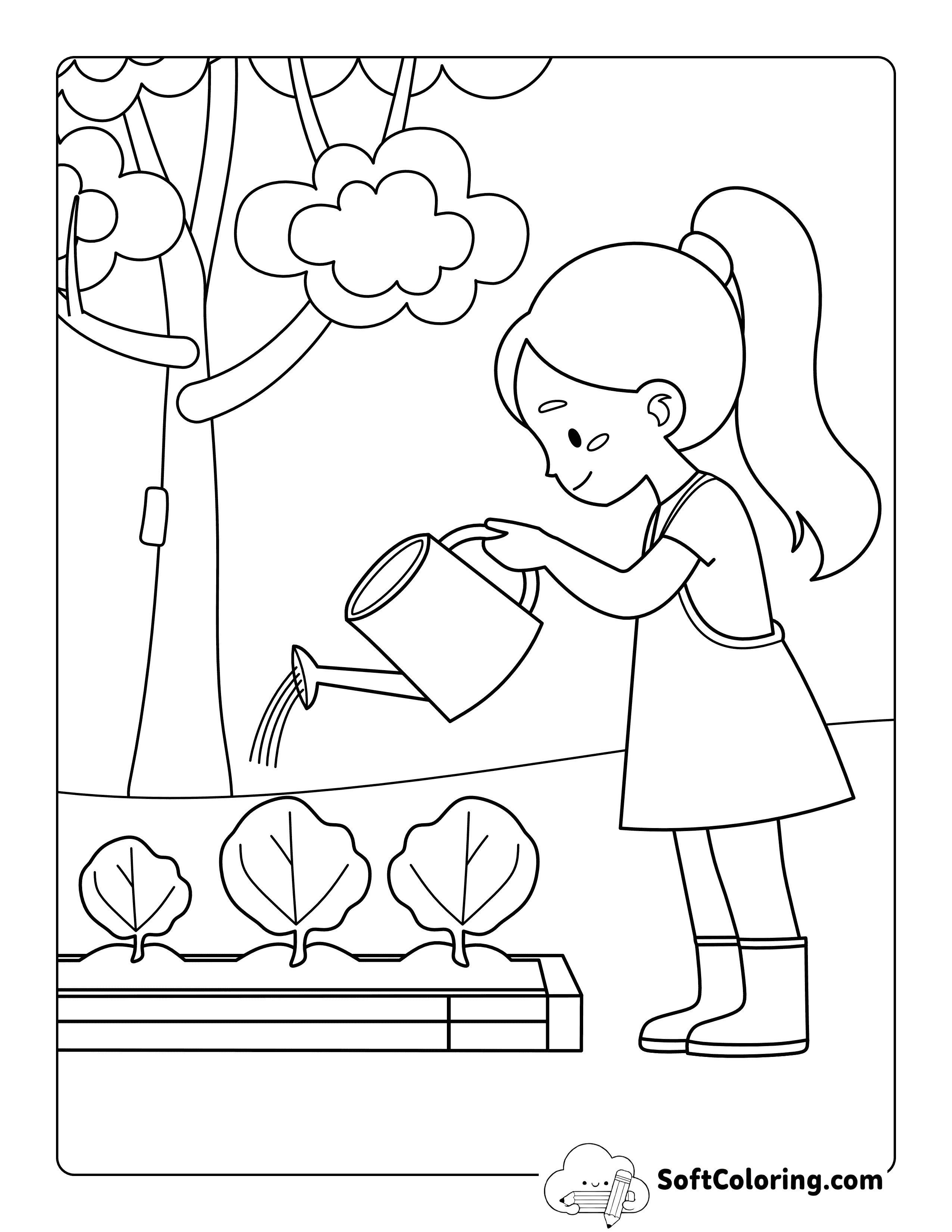 Easy Girl Vegetable Gardening Coloring Page Printable