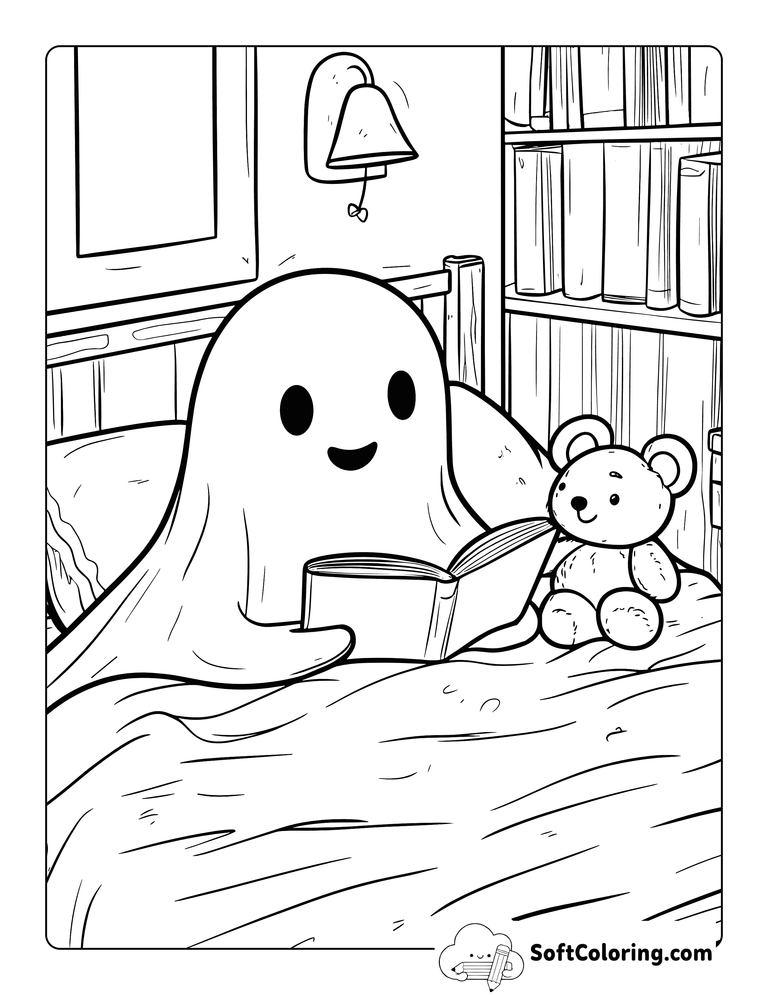 Cozy Reading Ghost Coloring Page