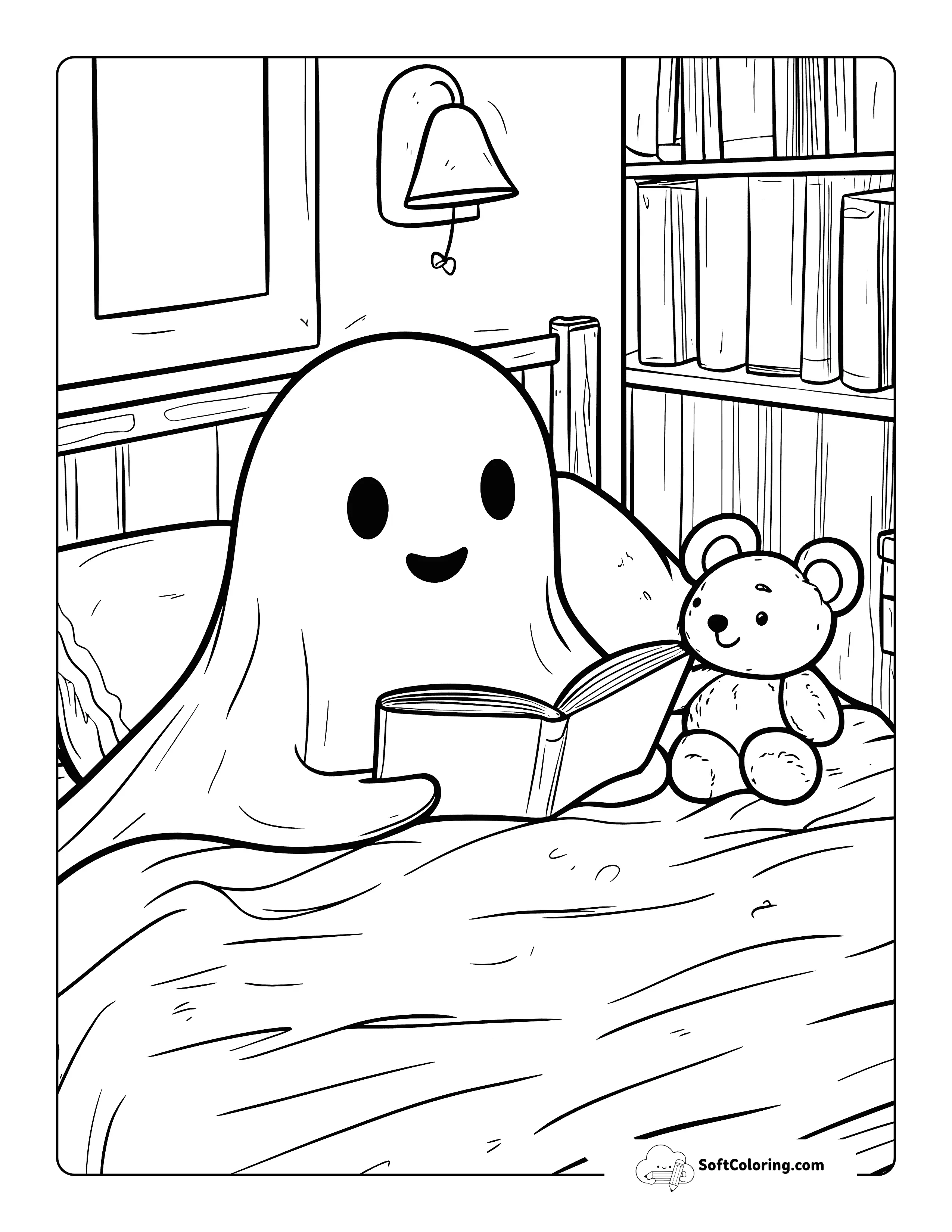 Cozy Reading Ghost Coloring Page