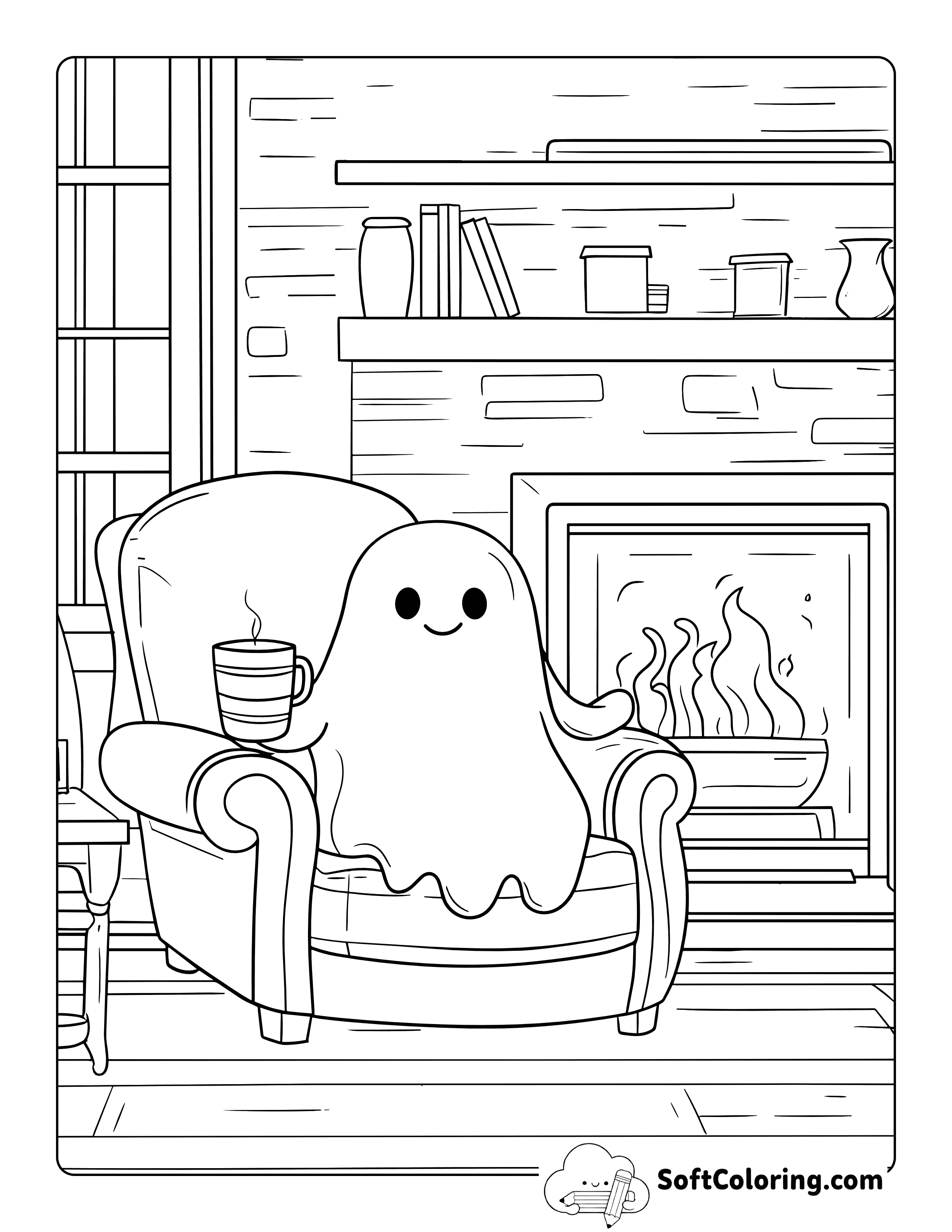 Cozy Fireplace Ghost Coloring Page Printable