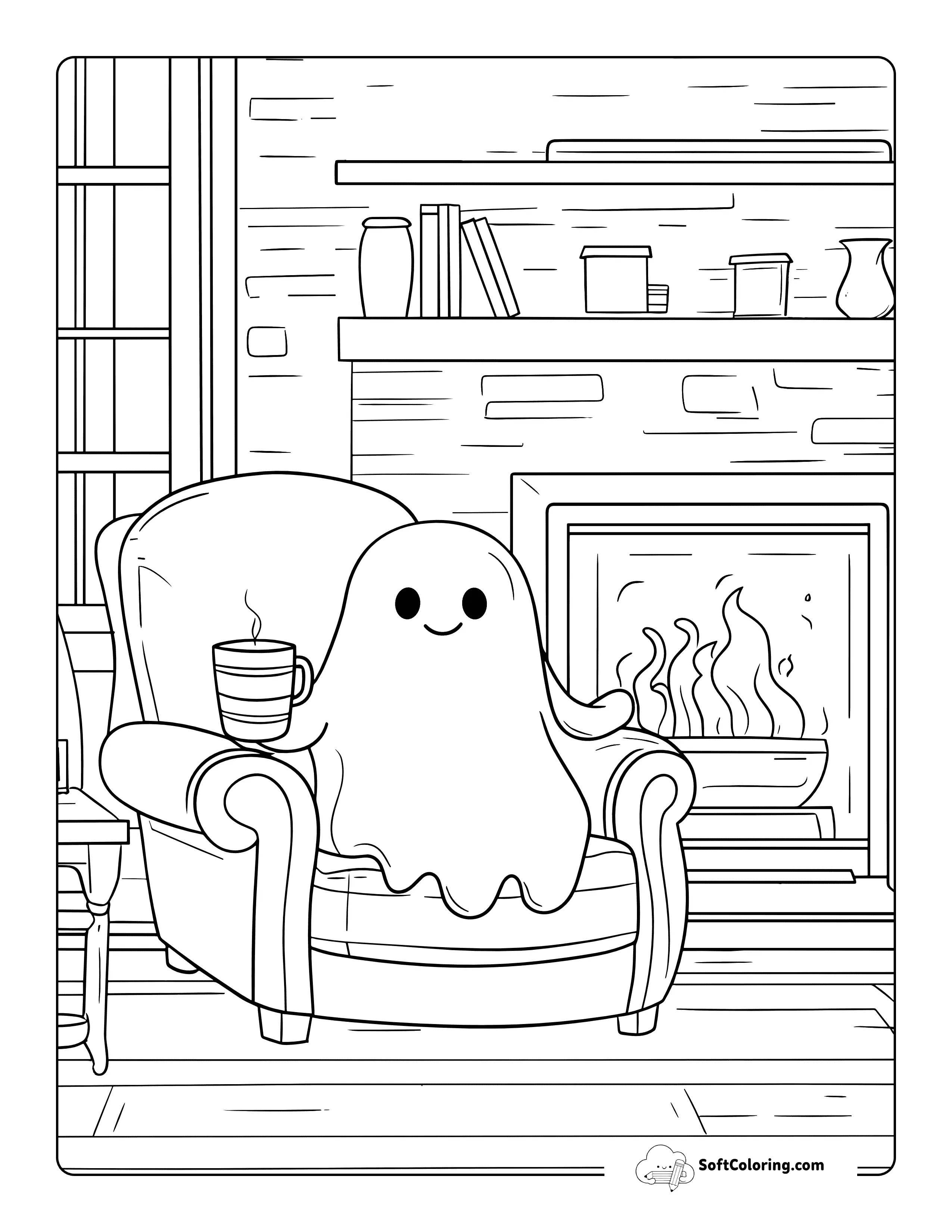 Cozy Fireplace Ghost Coloring Page Printable