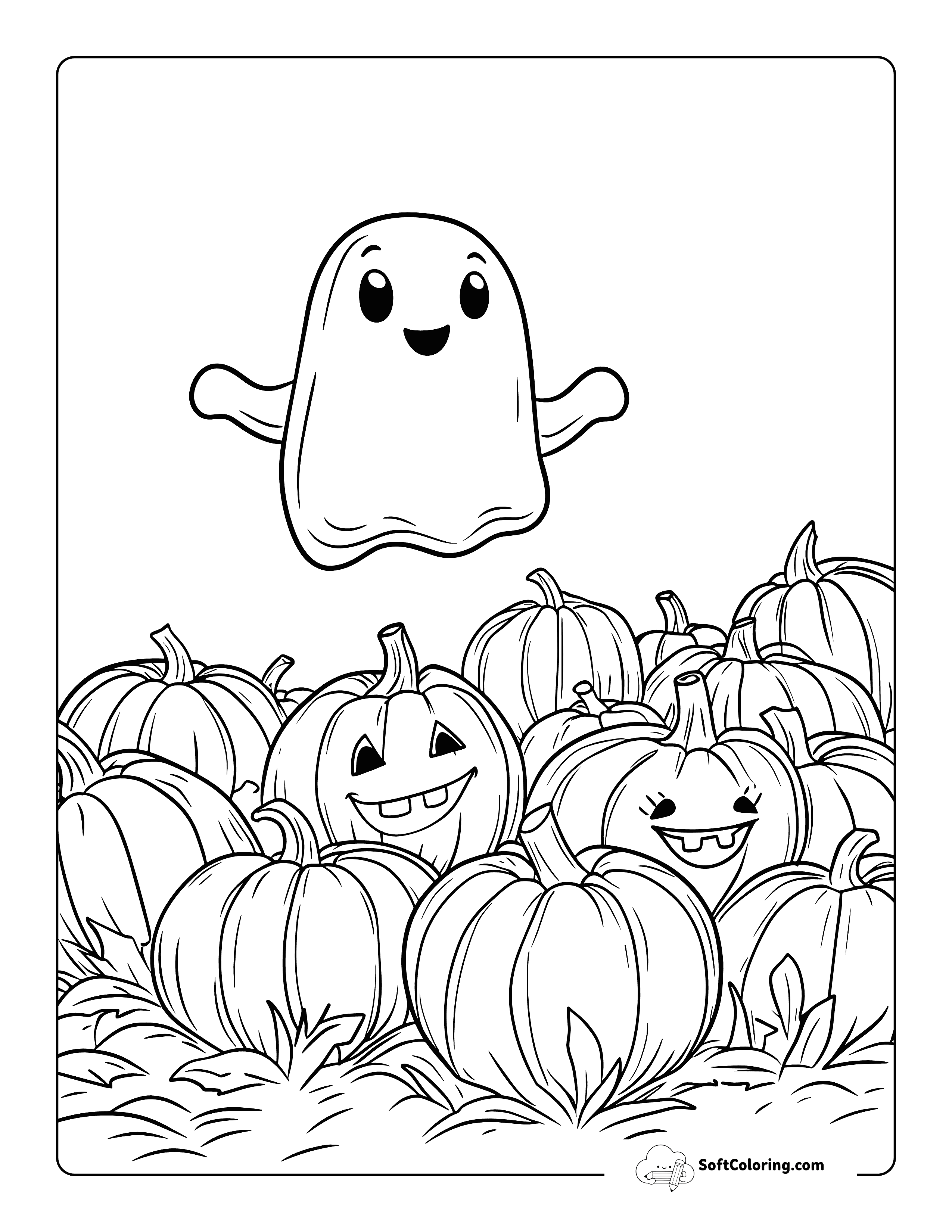 Pumpkins And Ghost Cozy Fall Coloring Sheet