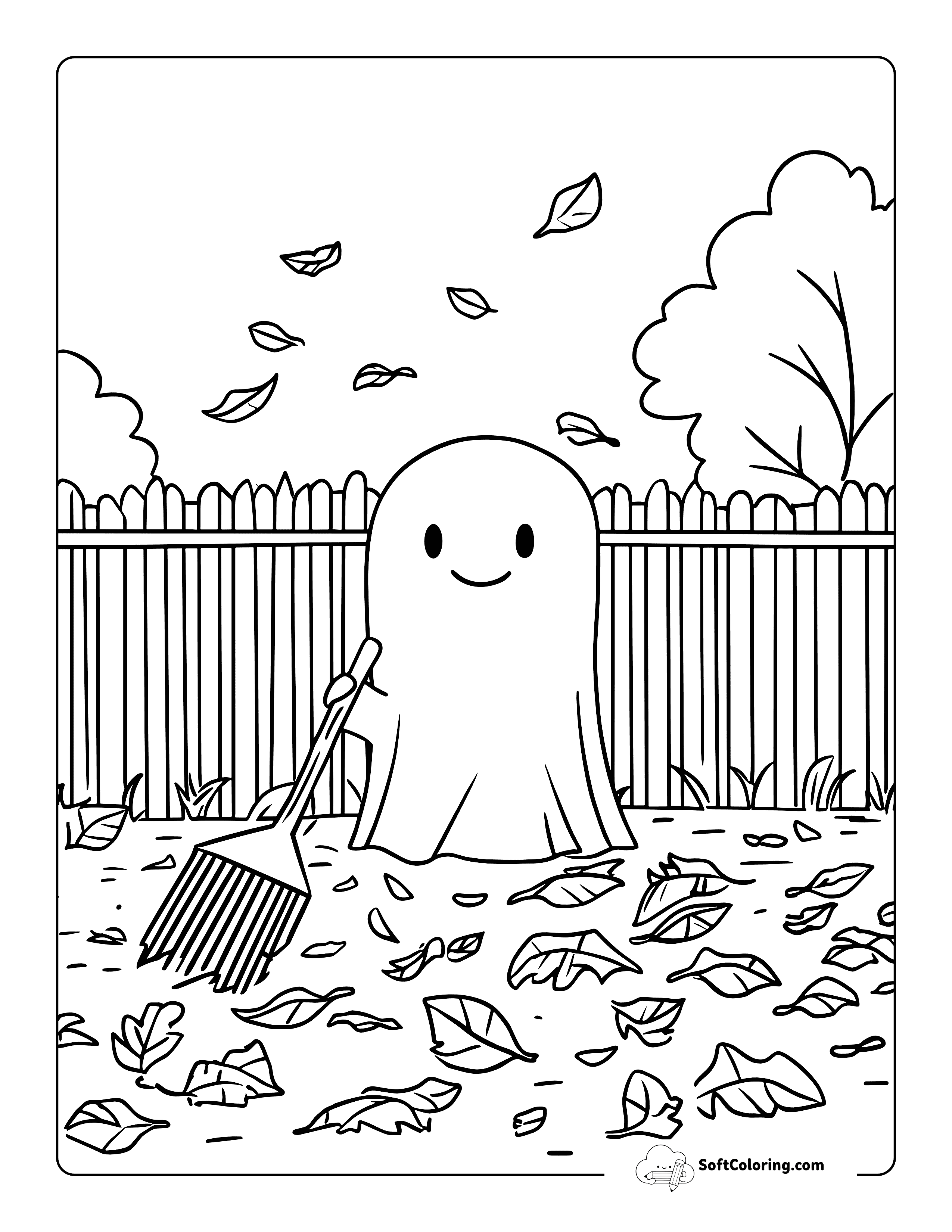 Cute Ghost Raking Fall Leaves Coloring Page
